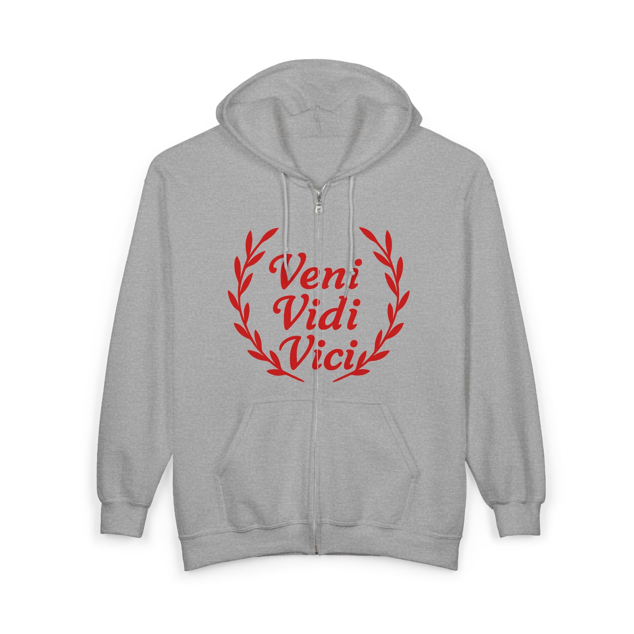 Veni Vidi Vici, "I Came, I Saw, I Conquered" Bright Red Text  Unisex Zip Up Hoodie Sweatshirt