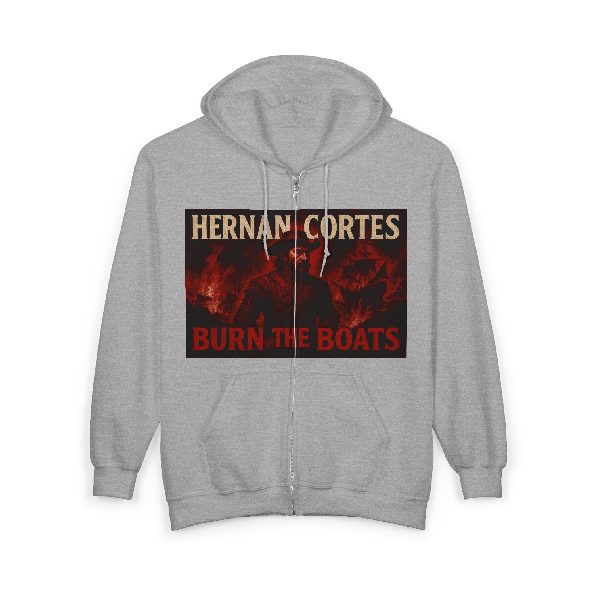 Hernan Cortes 'Burn Boats' Unisex Zip Hoodie