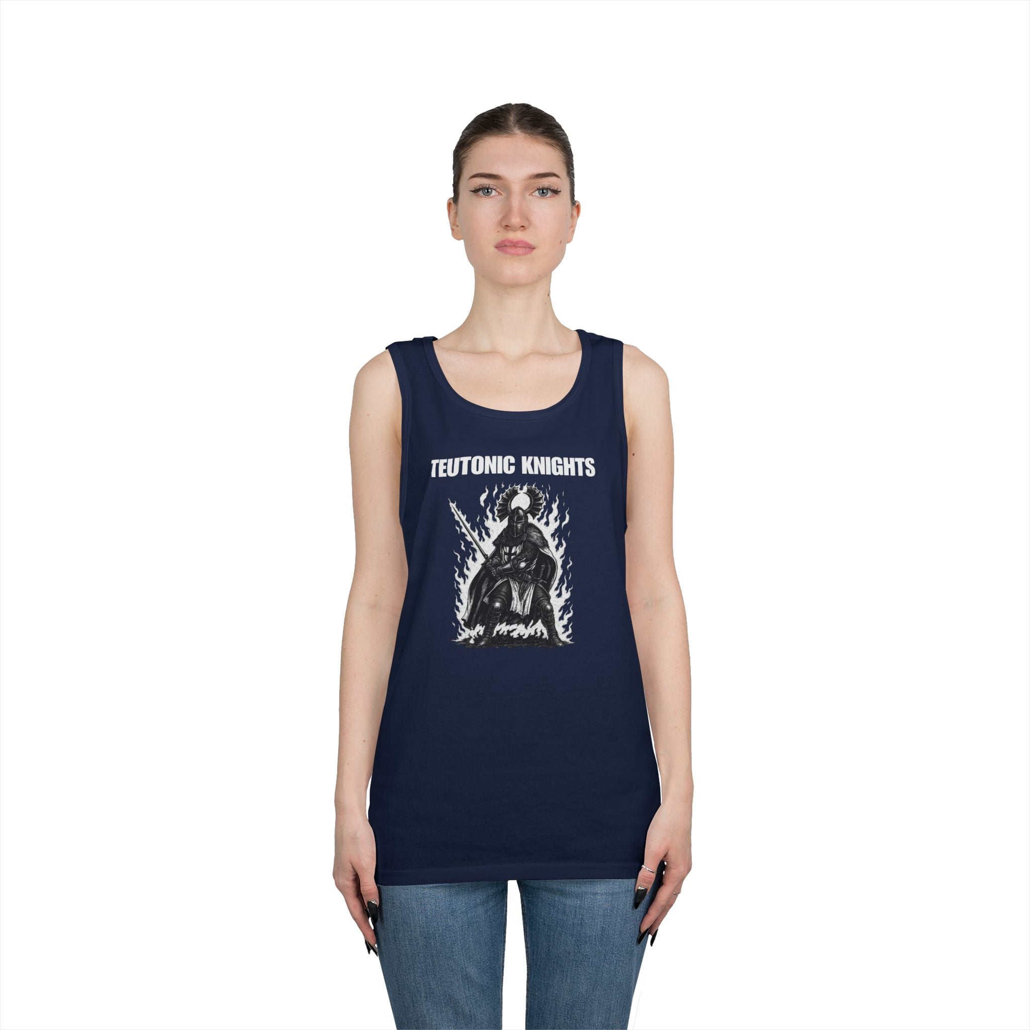 Teutonic Knights Front and Back White Teutonic Cross Graphic Heavy Cotton Tank Top