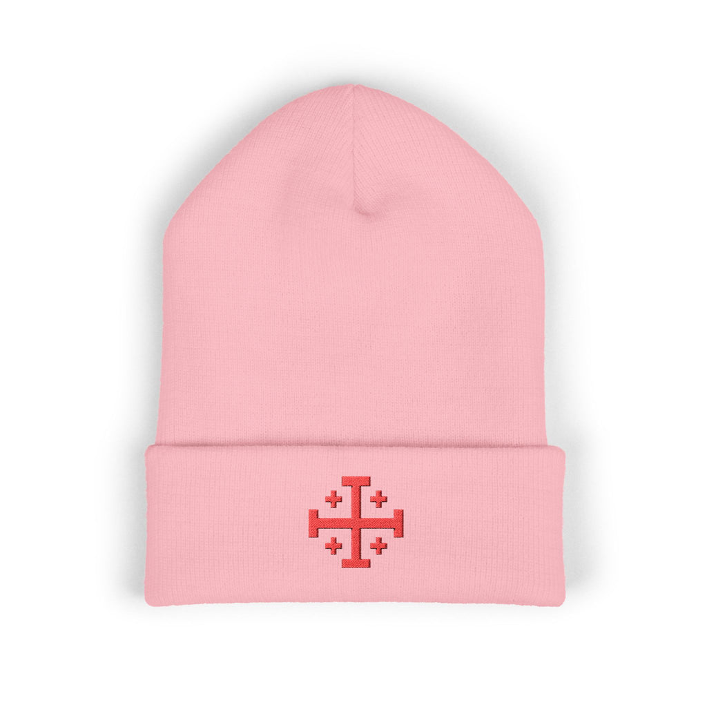 Cross of Jerusalem Red Design Embroidered Cuffed Beanie Knit Hat