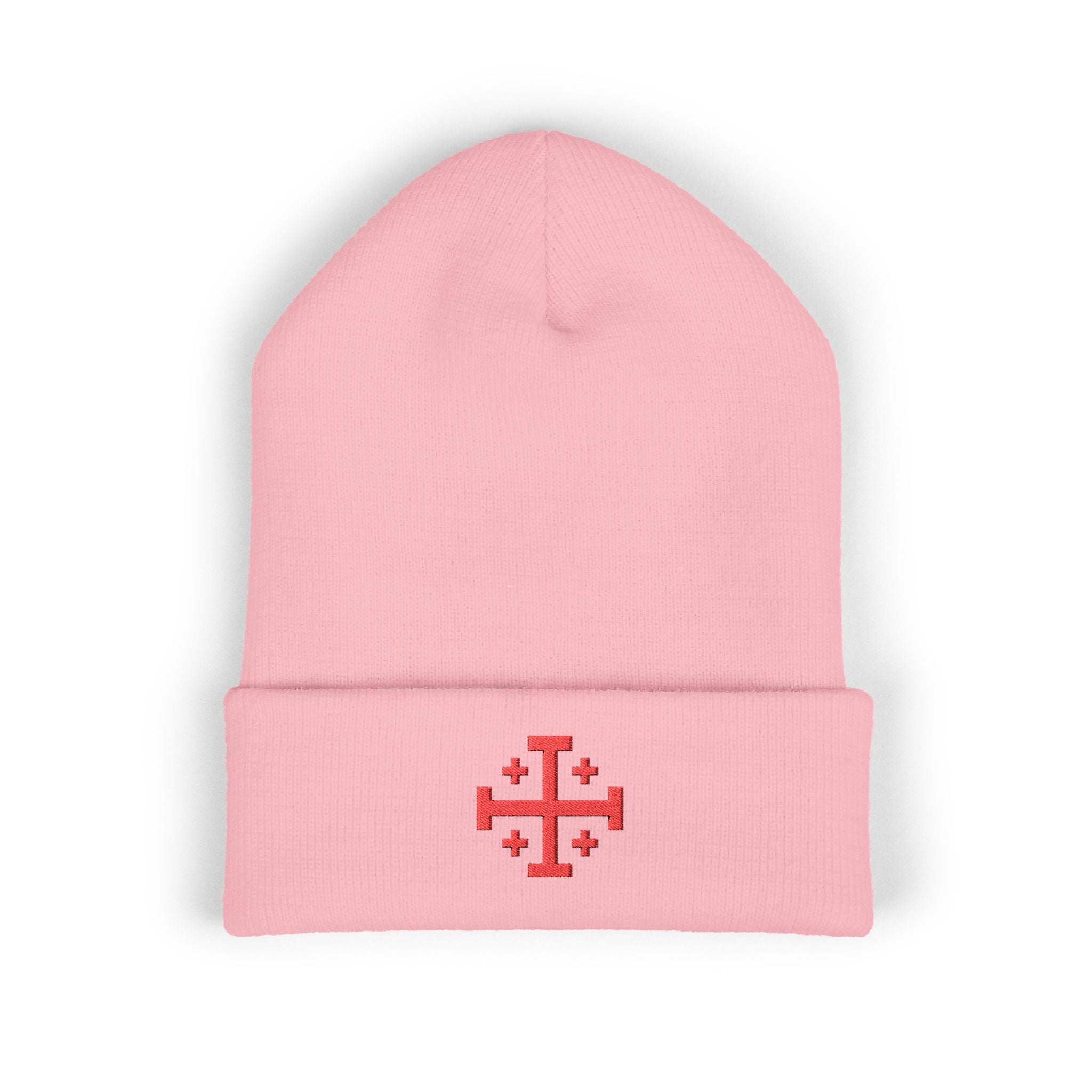 Cross of Jerusalem Red Design Embroidered Cuffed Beanie Knit Hat