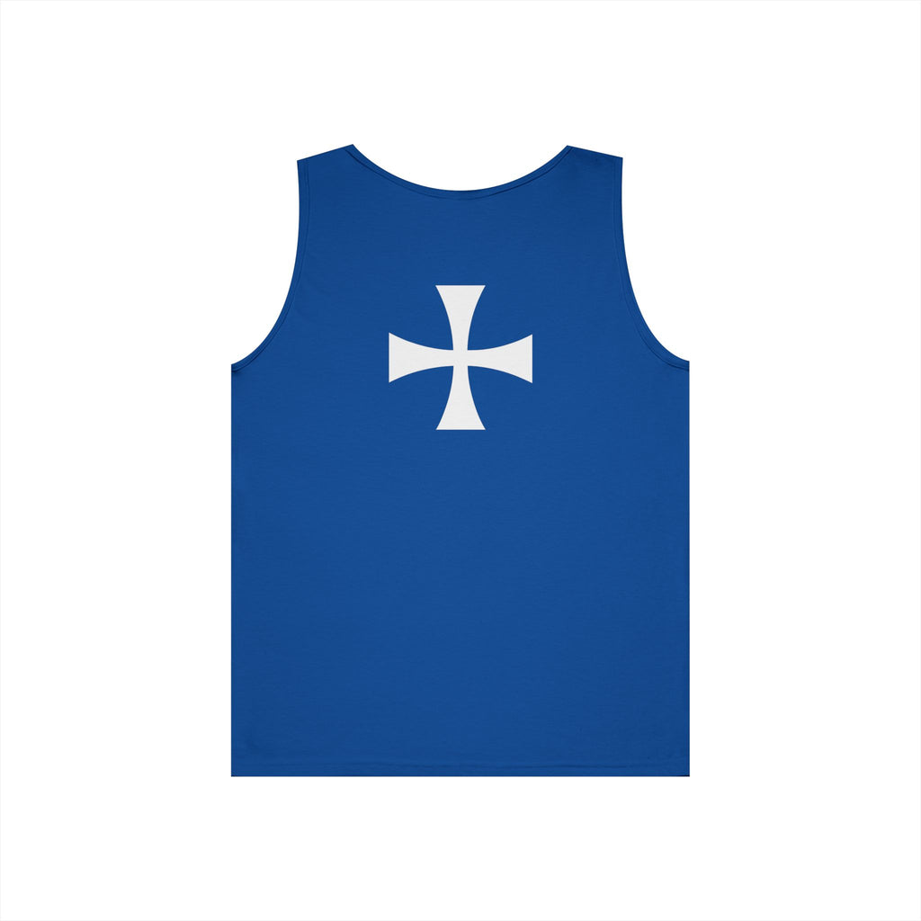 Teutonic Knights Front and Back White Teutonic Cross Graphic Heavy Cotton Tank Top