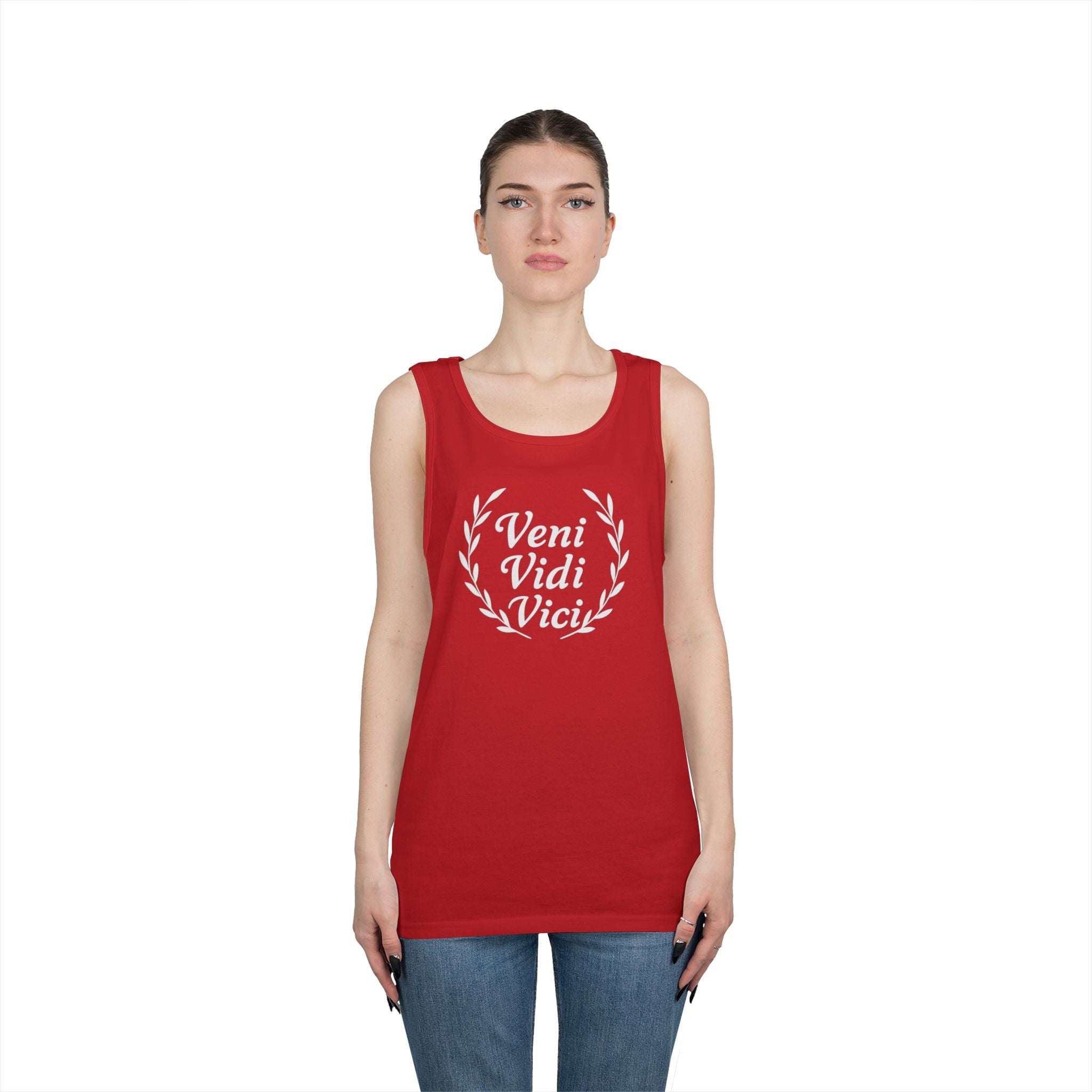 Veni Vidi Vici White Text Unisex Heavy Cotton Tank Top