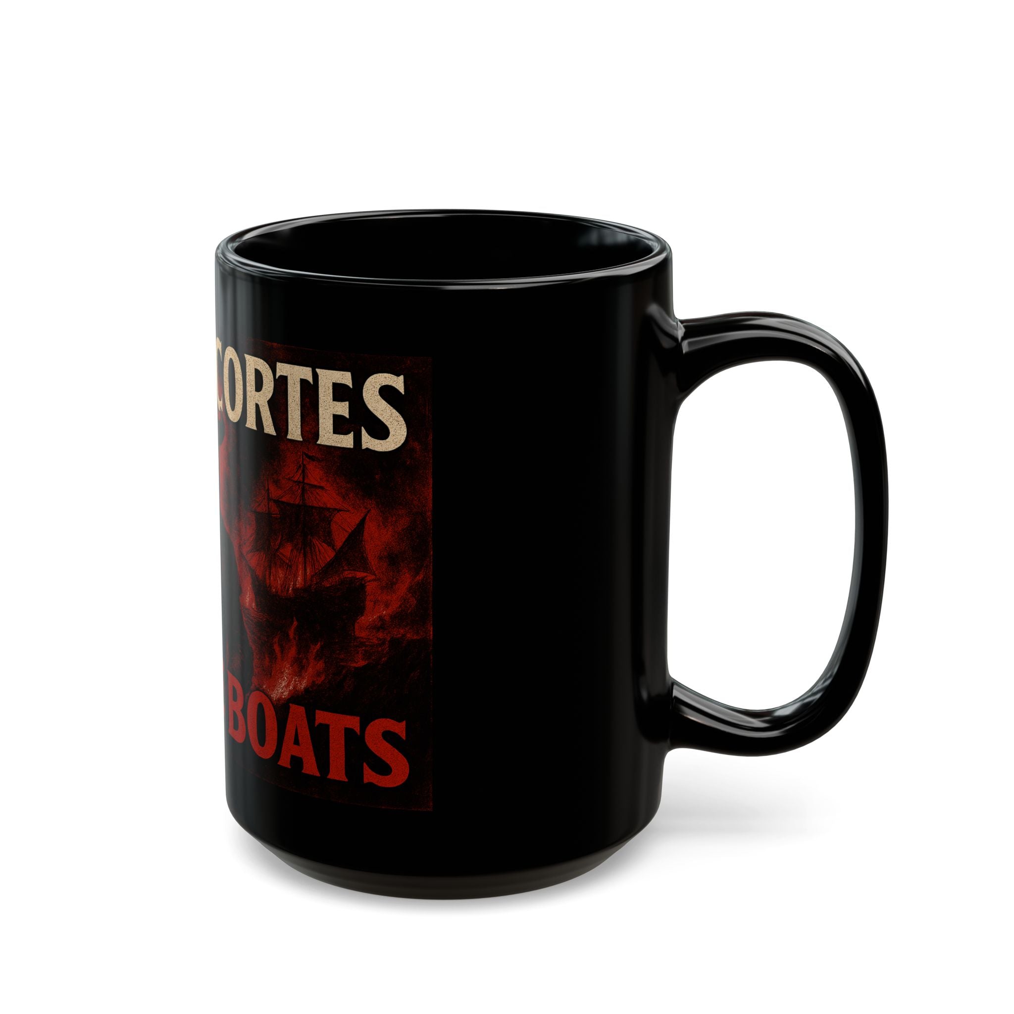 Unique Black Mug with Hernan Cortés Burn The Boats Design