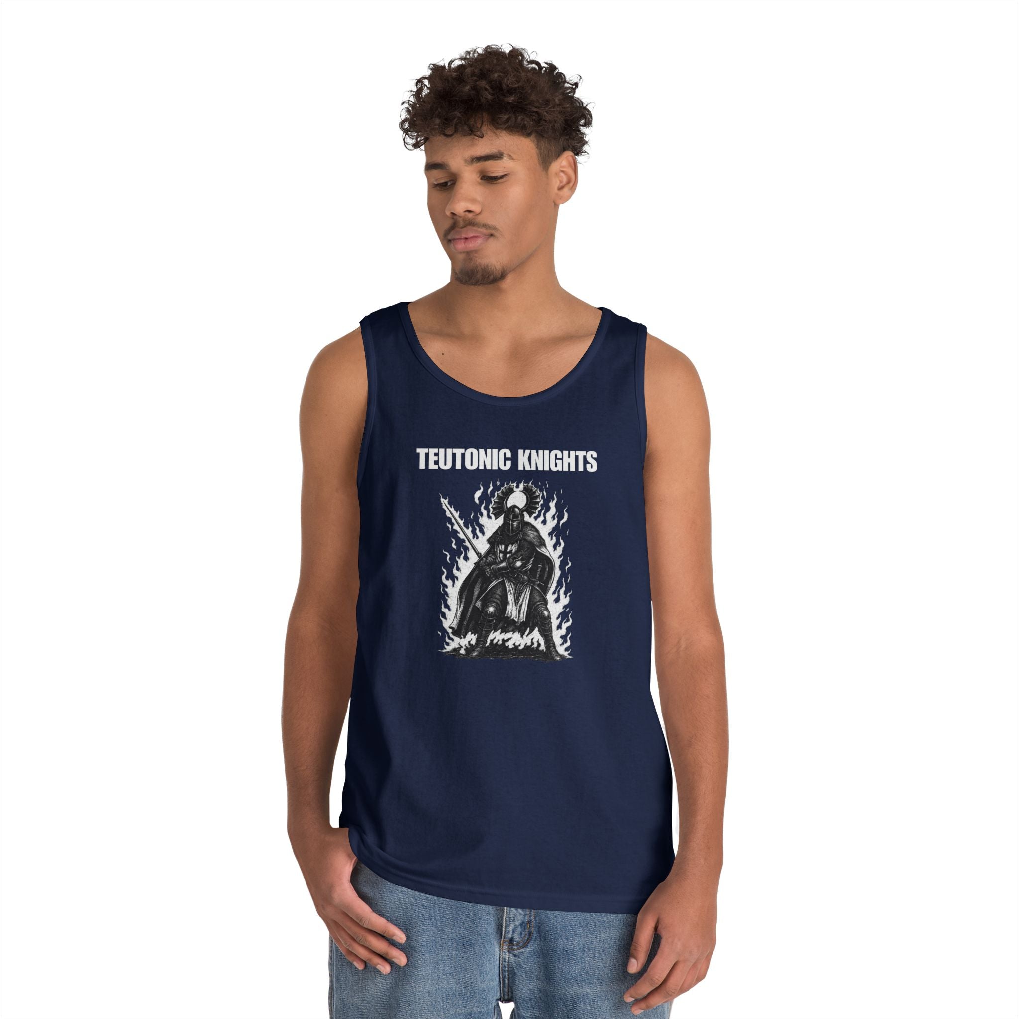 Teutonic Knights Front and Back White Teutonic Cross Graphic Heavy Cotton Tank Top