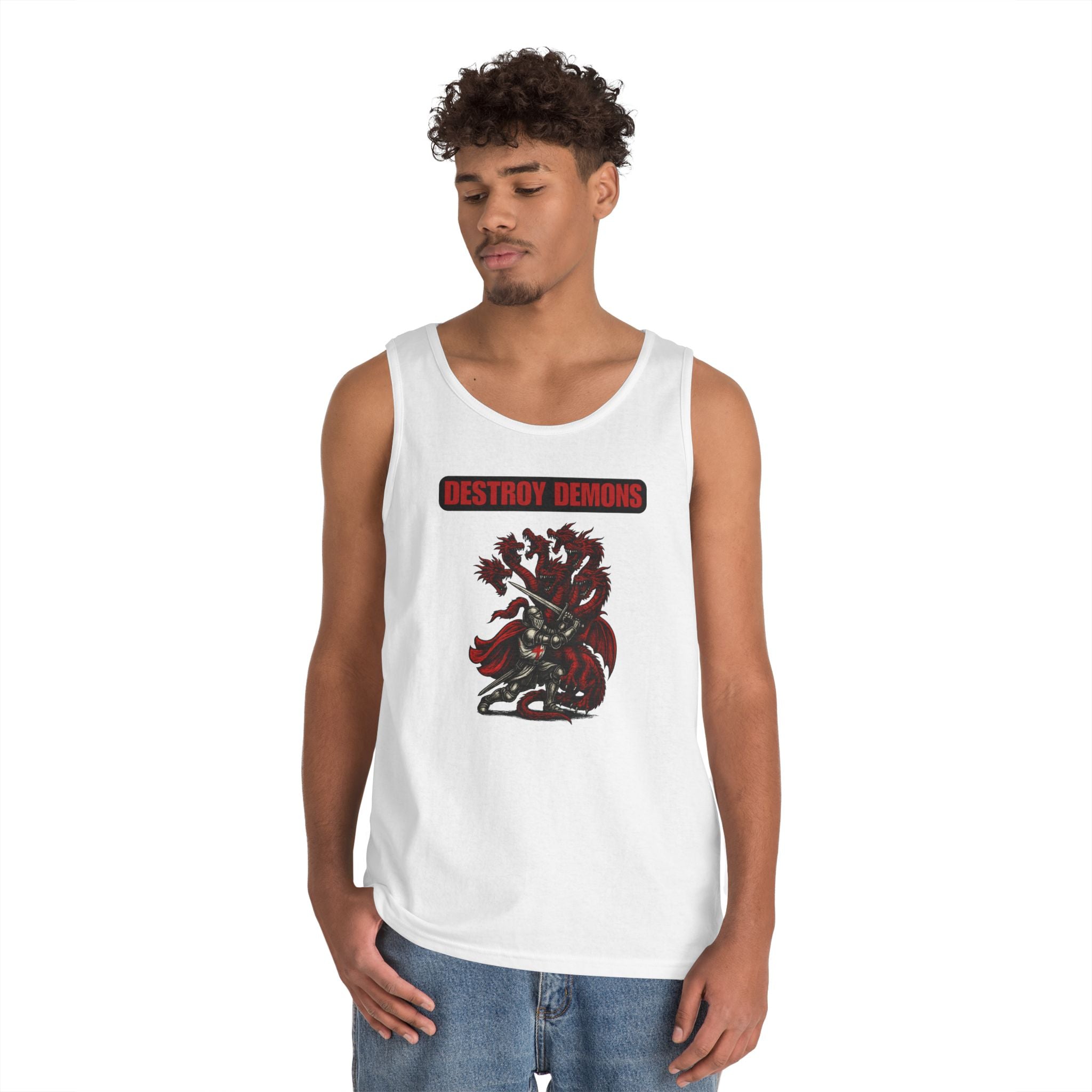 Destroy Demons Crusader Knight vs Dragon Heavy Cotton Tank Top