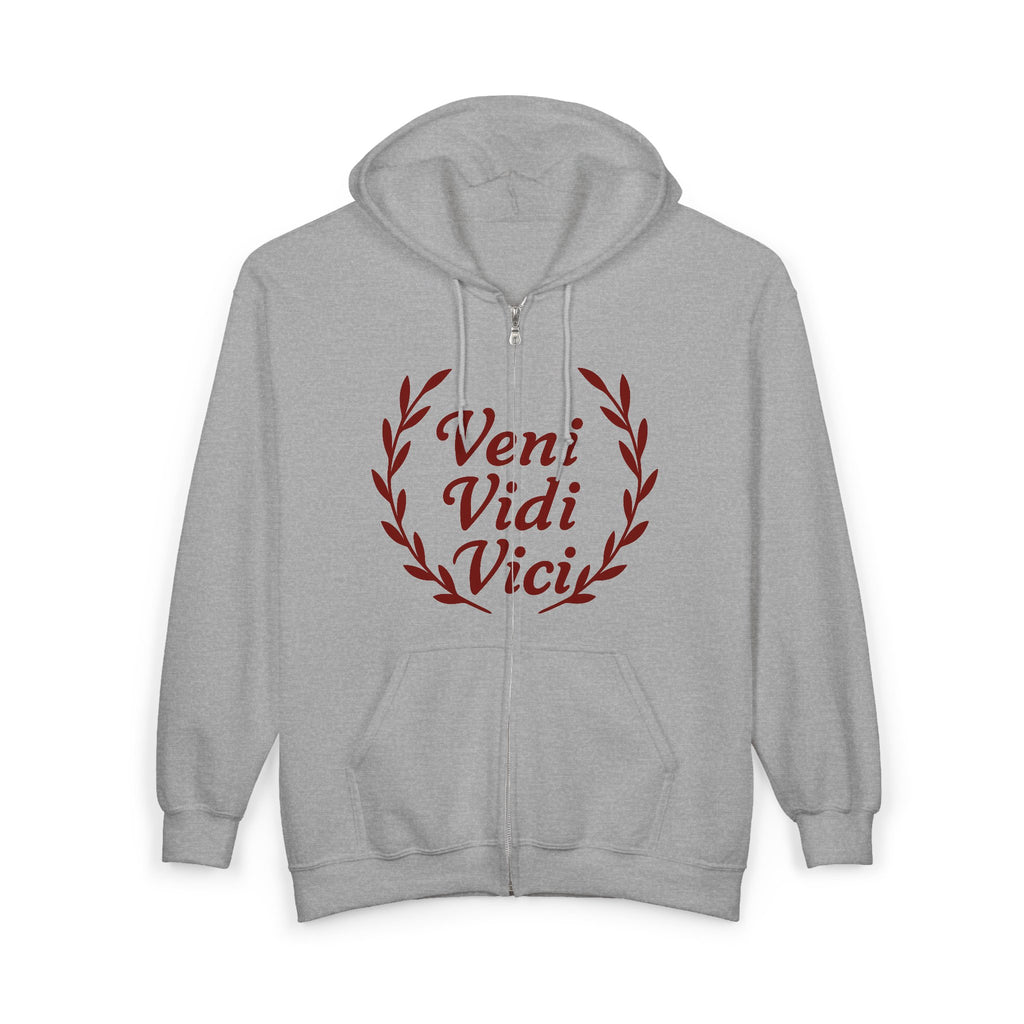 Veni Vidi Vici, "I Came, I Saw, I Conquered" Dark Red Text  Unisex Zip Up Hoodie Sweatshirt