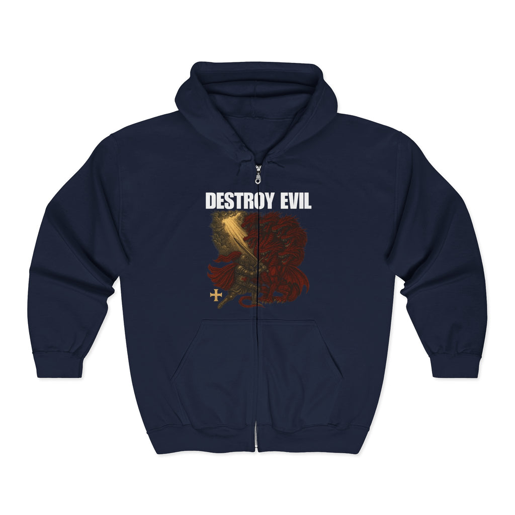 'Destroy Evil' Crusader Defeating the Great Red Dragon Design Graphic  Full Zip Up Hoodie Sweatshirt