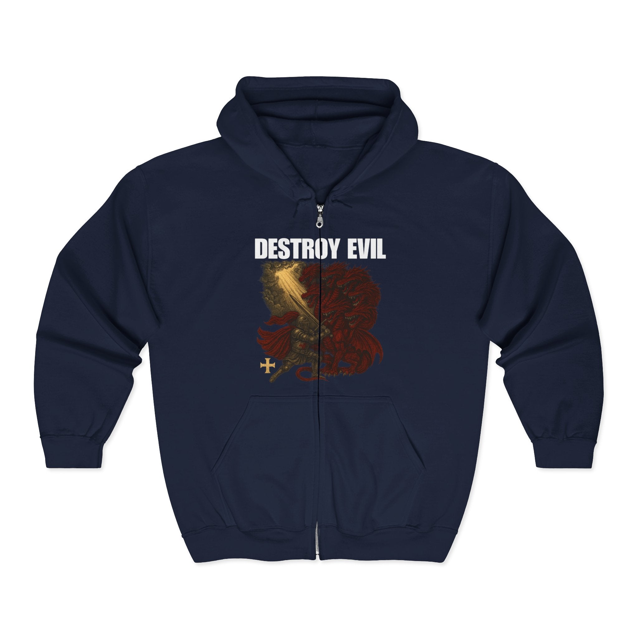 'Destroy Evil' Crusader Defeating the Great Red Dragon Design Graphic  Full Zip Up Hoodie Sweatshirt