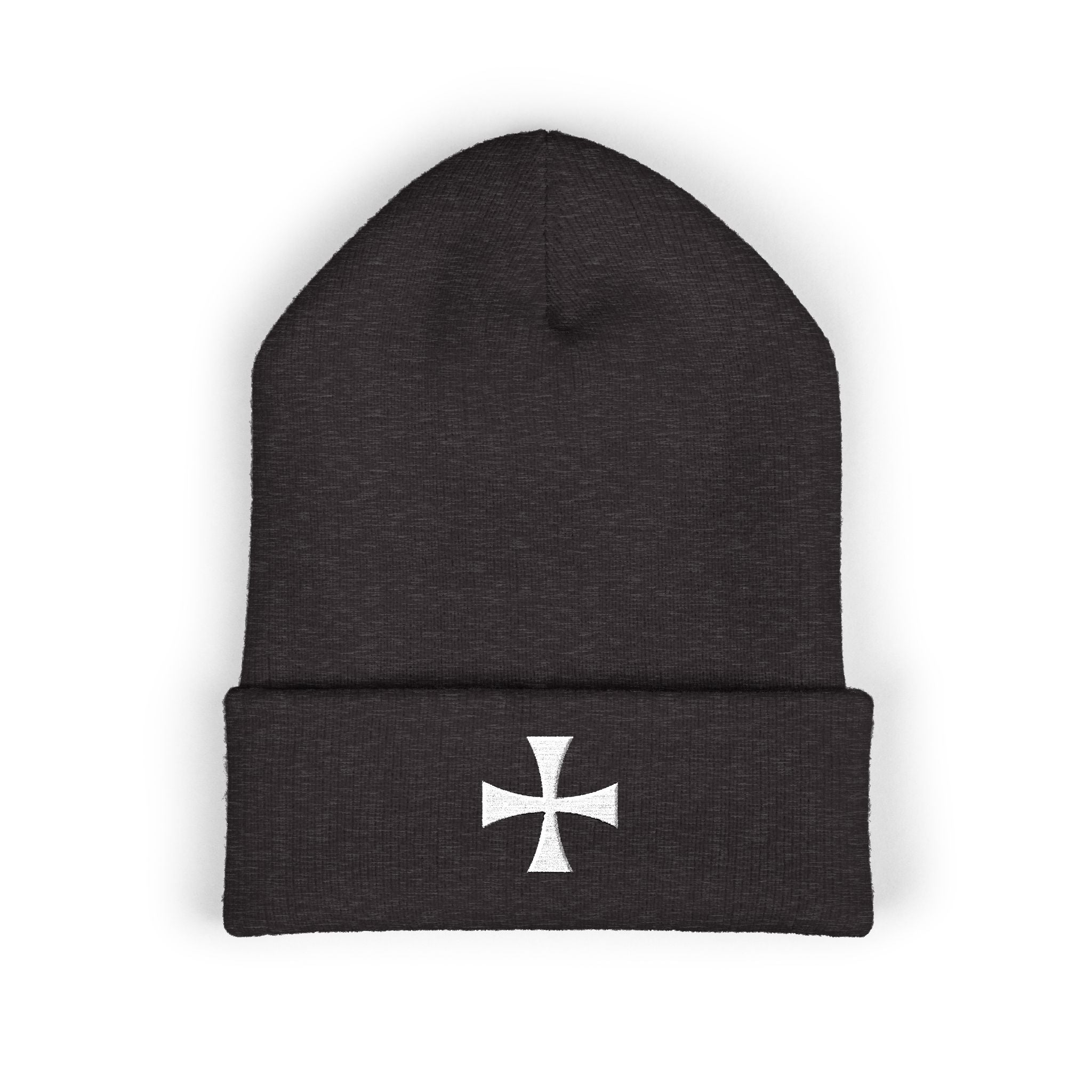 Teutonic Cross White Design Embroidered Cuffed Beanie Knit Hat