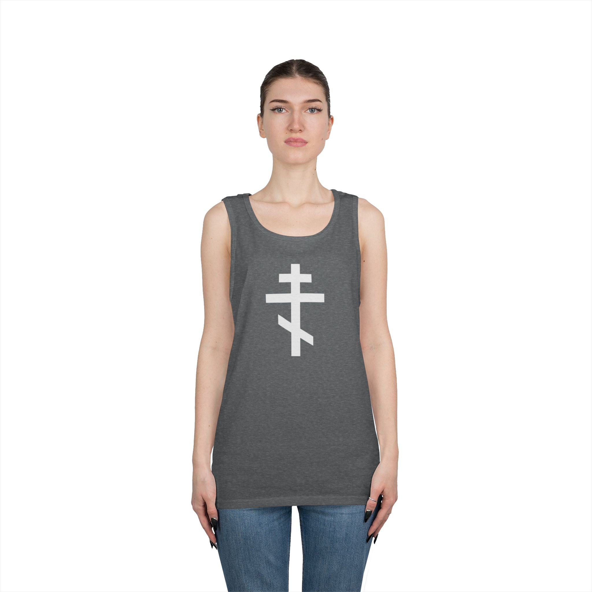 Crucifix White Unisex Heavy Cotton Tank Top with Cross Design