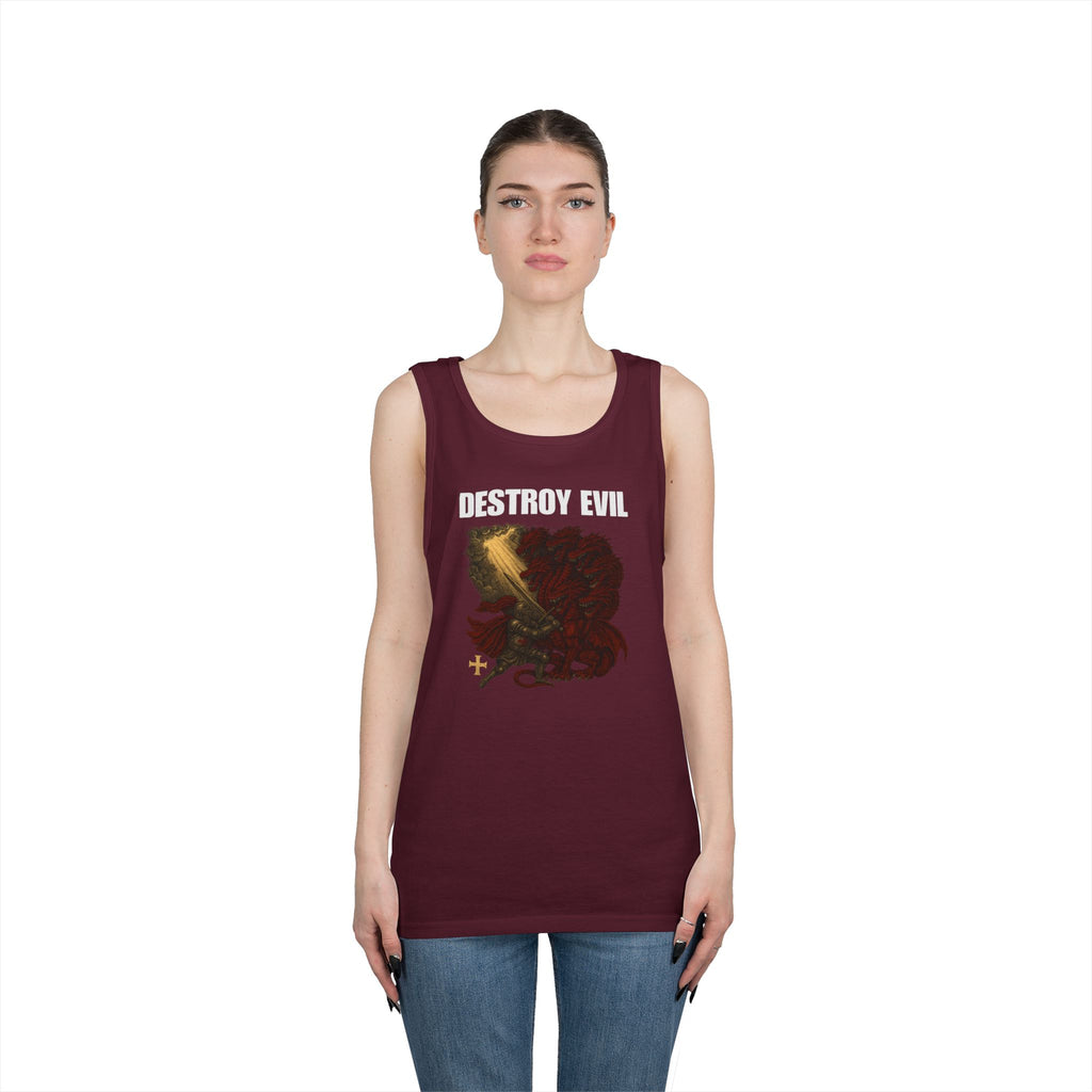 Heavy Cotton Tank Top with 'Destroy Evil' Crusader Defeating the Great Red Dragon Design