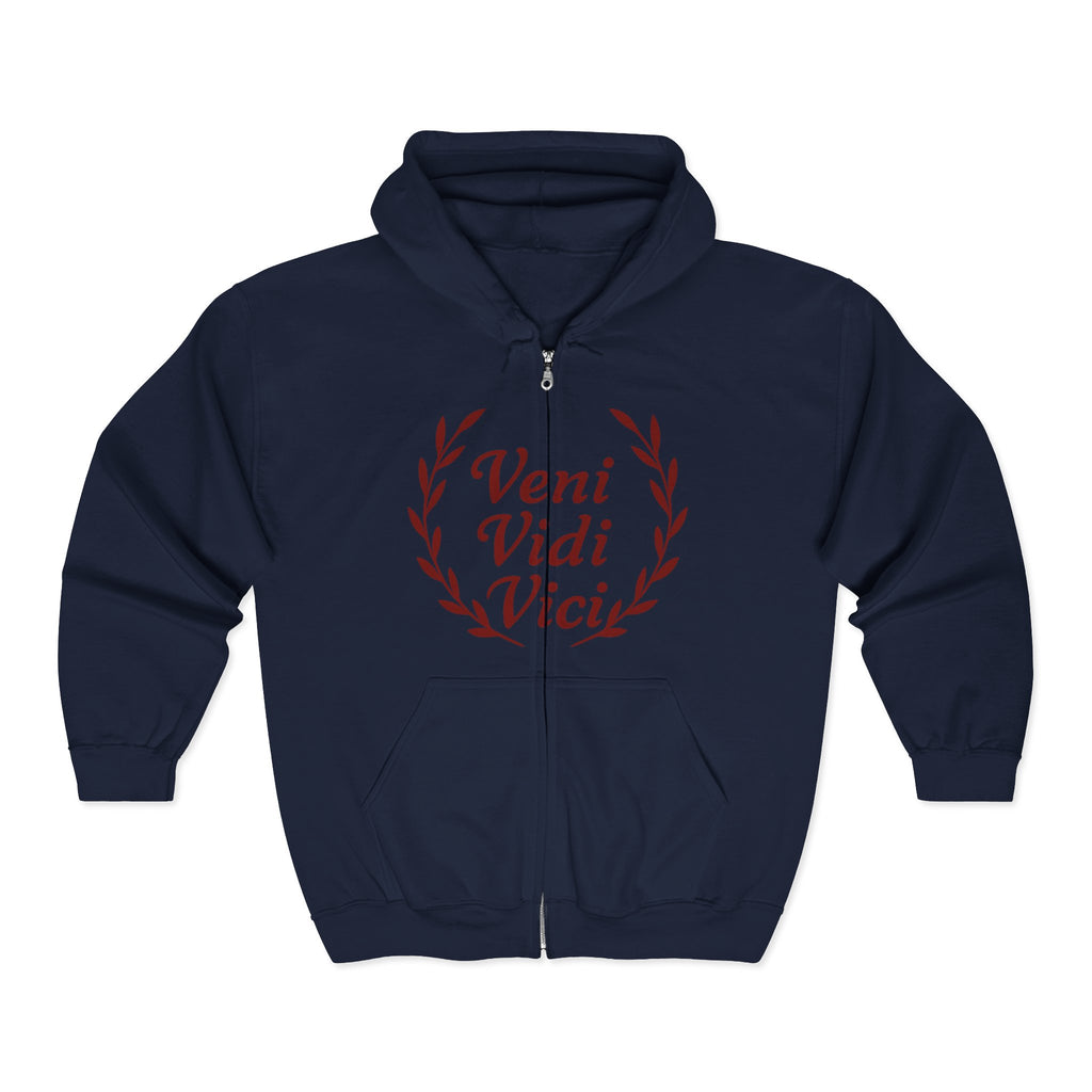 Veni Vidi Vici, "I Came, I Saw, I Conquered" Dark Red Text  Unisex Zip Up Hoodie Sweatshirt