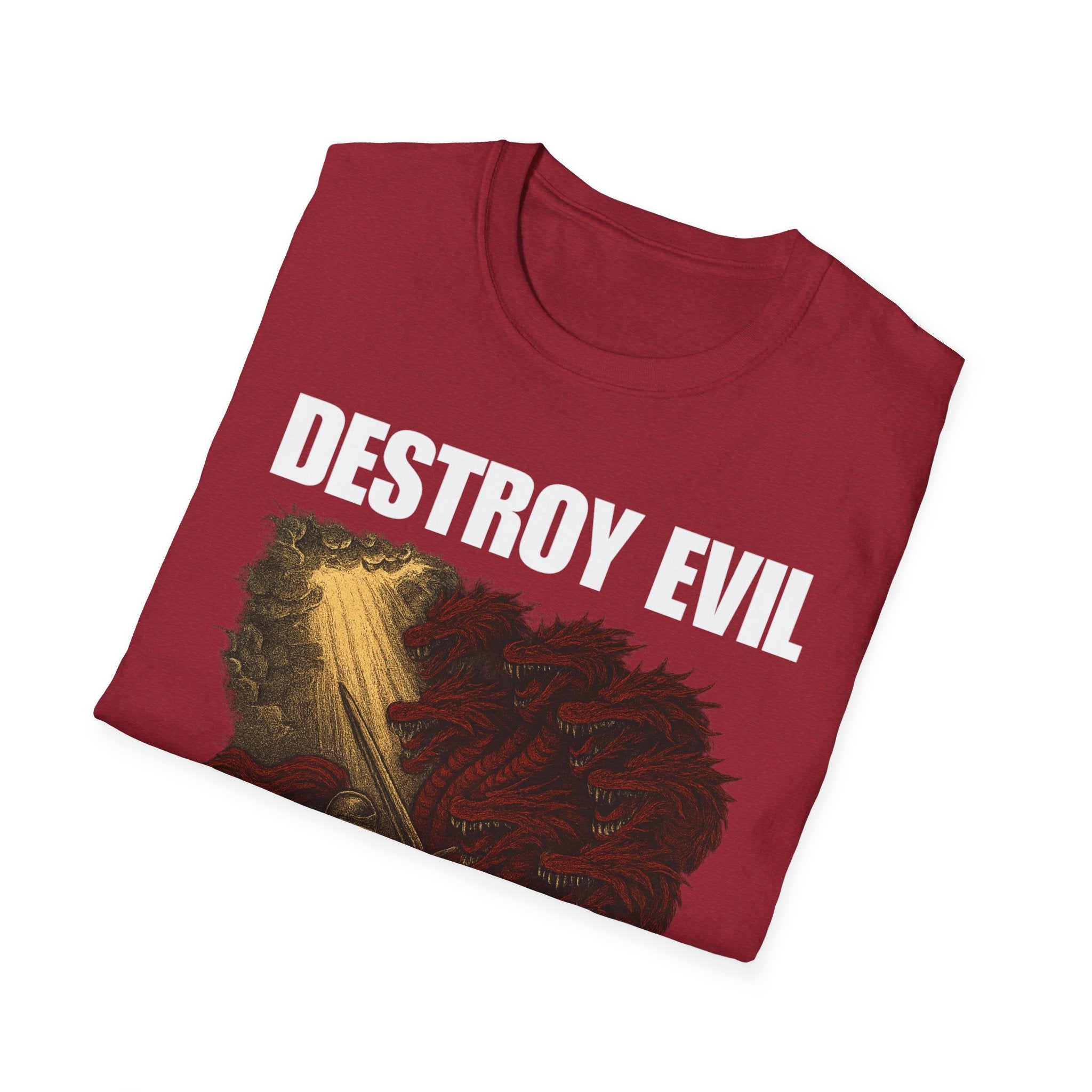 'Destroy Evil' Crusader Defeating the Great Red Dragon Design Graphic Softstyle T-Shirt