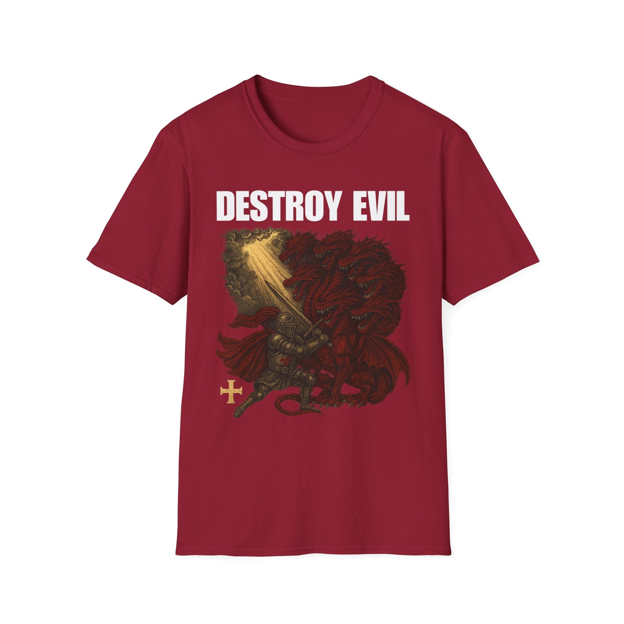 'Destroy Evil' Crusader Defeating the Great Red Dragon Design Graphic Softstyle T-Shirt