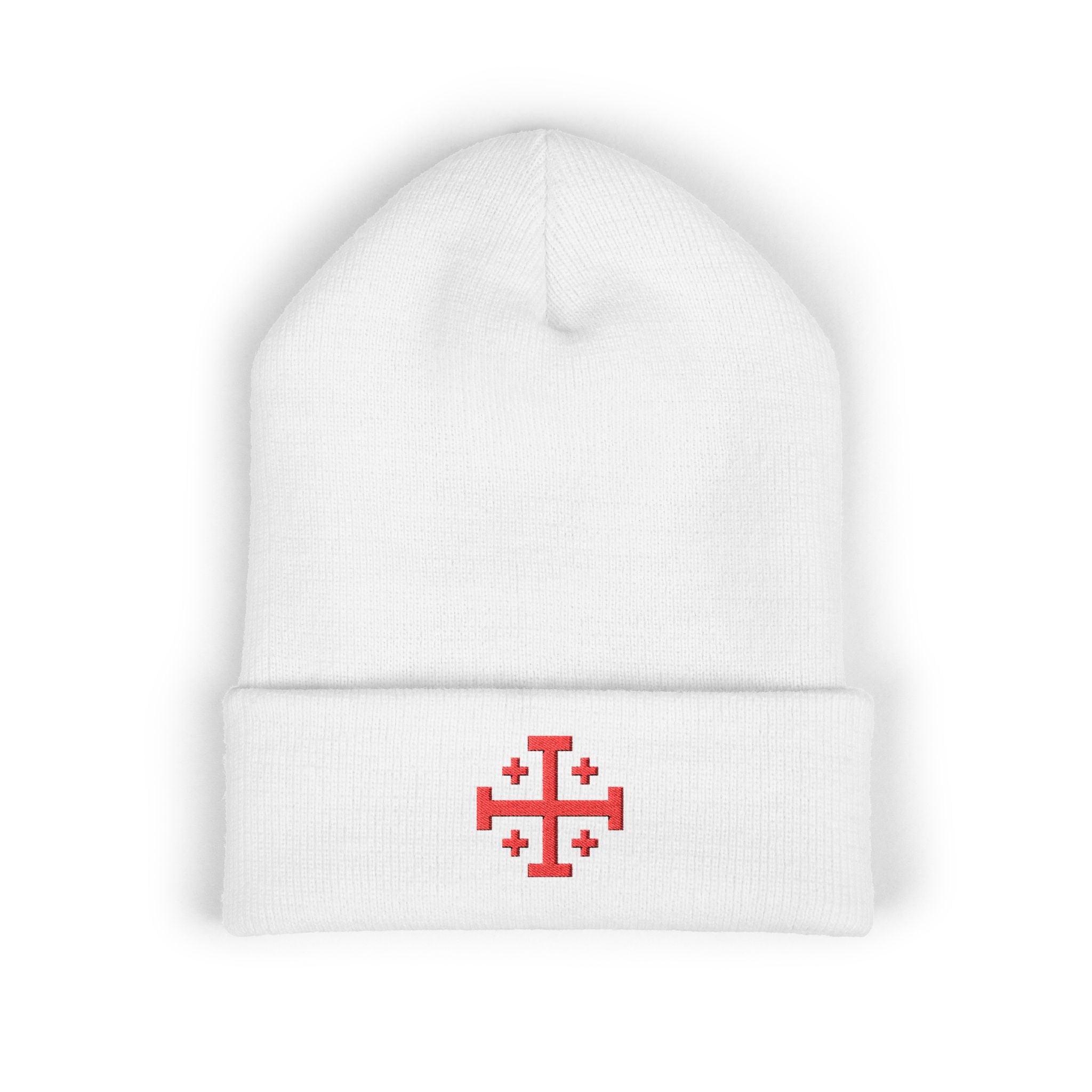Cross of Jerusalem Red Design Embroidered Cuffed Beanie Knit Hat
