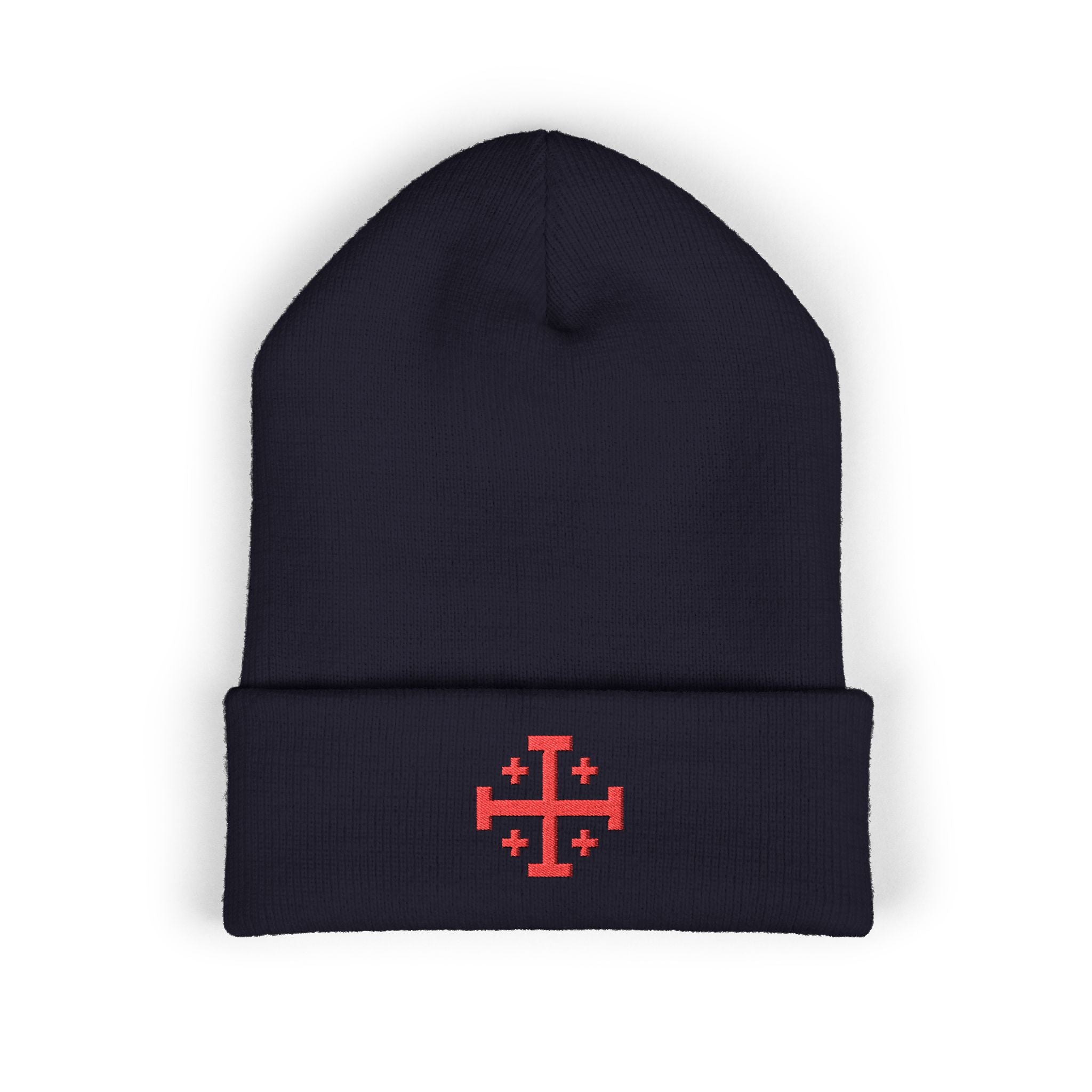 Cross of Jerusalem Red Design Embroidered Cuffed Beanie Knit Hat