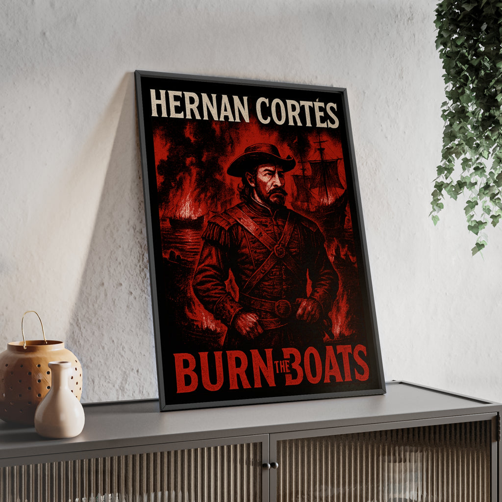 Hernan Cortes 'Burn the Boats' Motivational Poster with Wooden Frame, Wall Art