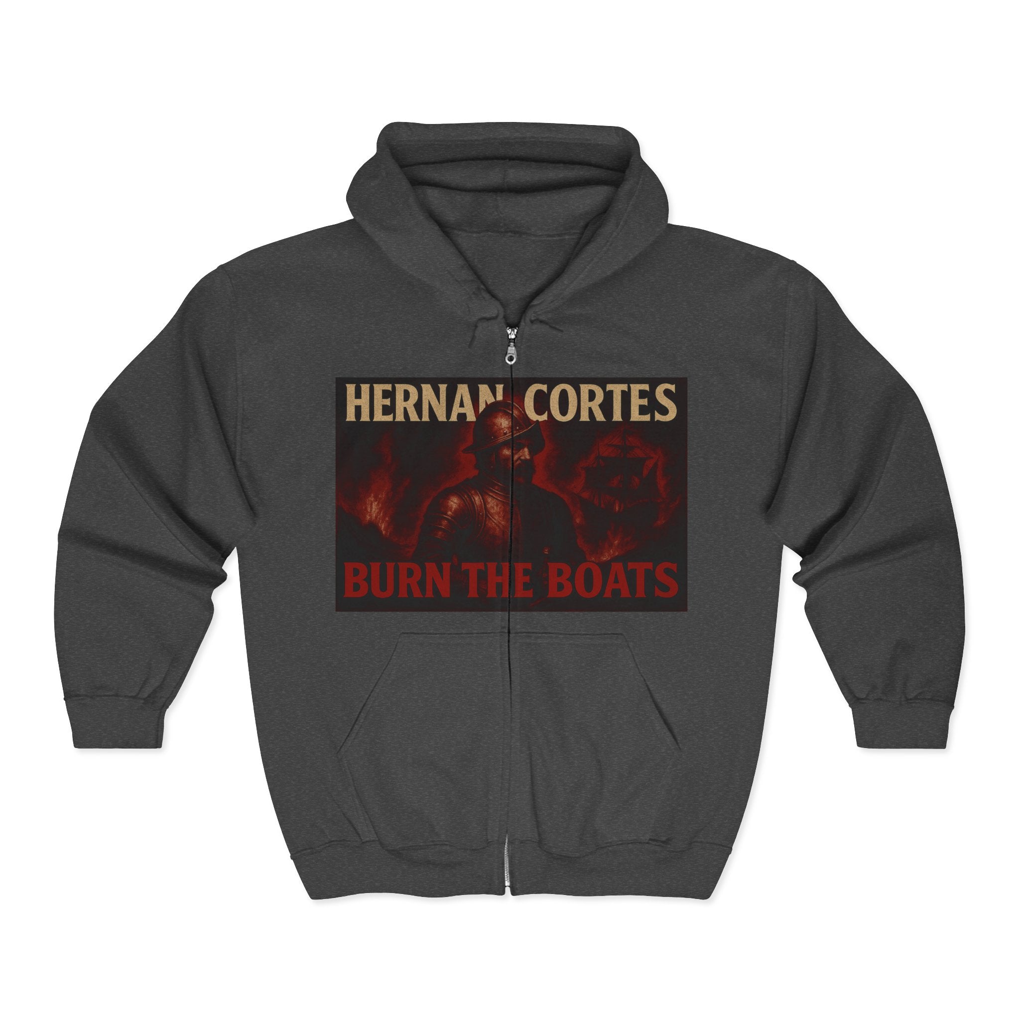 Hernan Cortes 'Burn Boats' Unisex Zip Hoodie Armor Design
