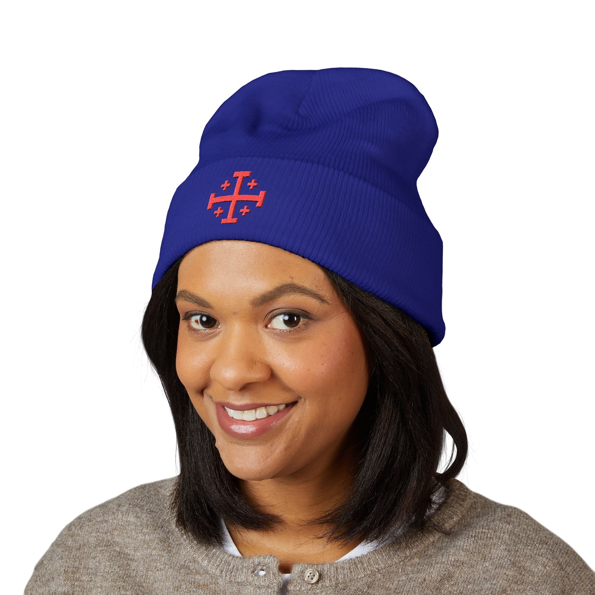 Cross of Jerusalem Red Design Embroidered Cuffed Beanie Knit Hat