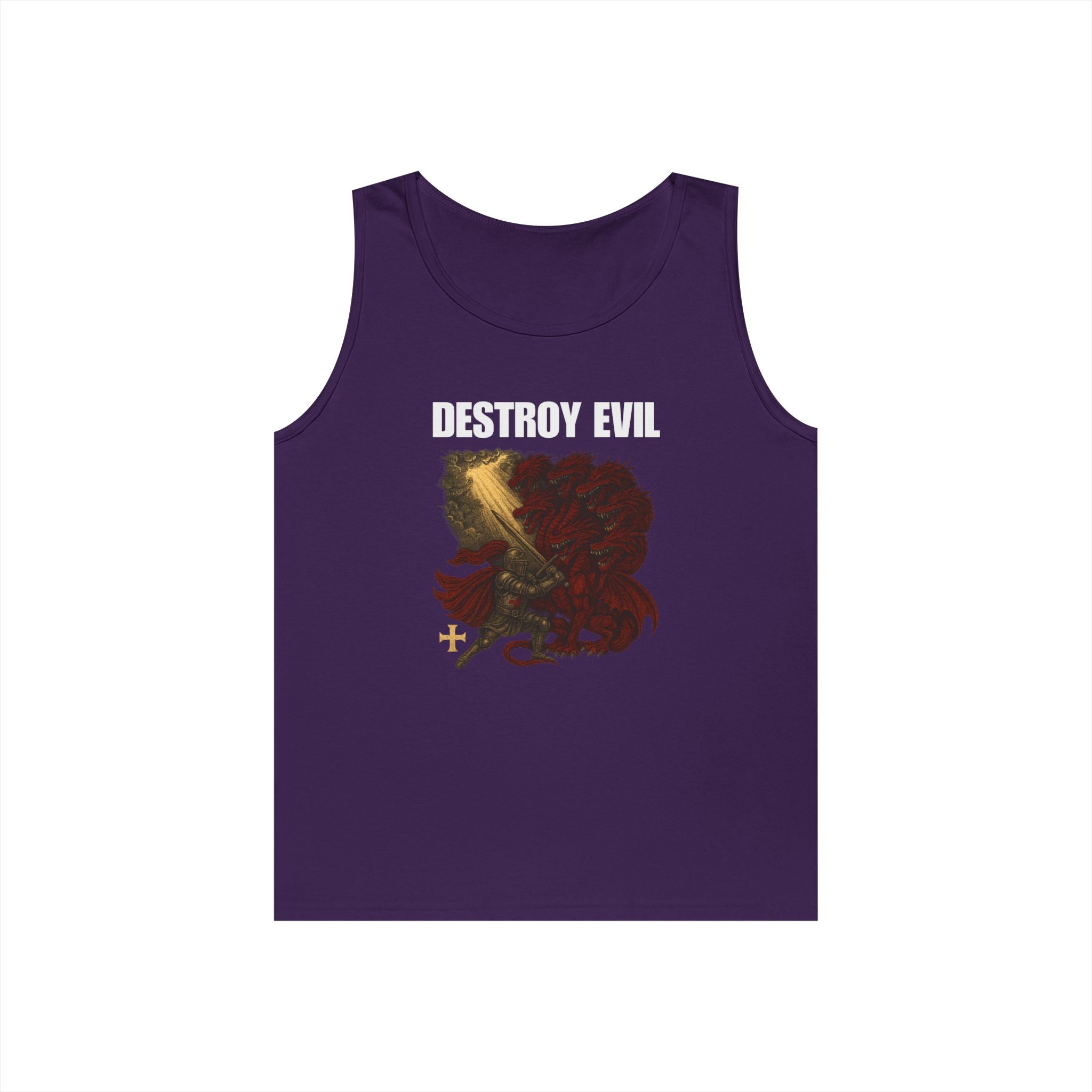 Heavy Cotton Tank Top with 'Destroy Evil' Crusader Defeating the Great Red Dragon Design
