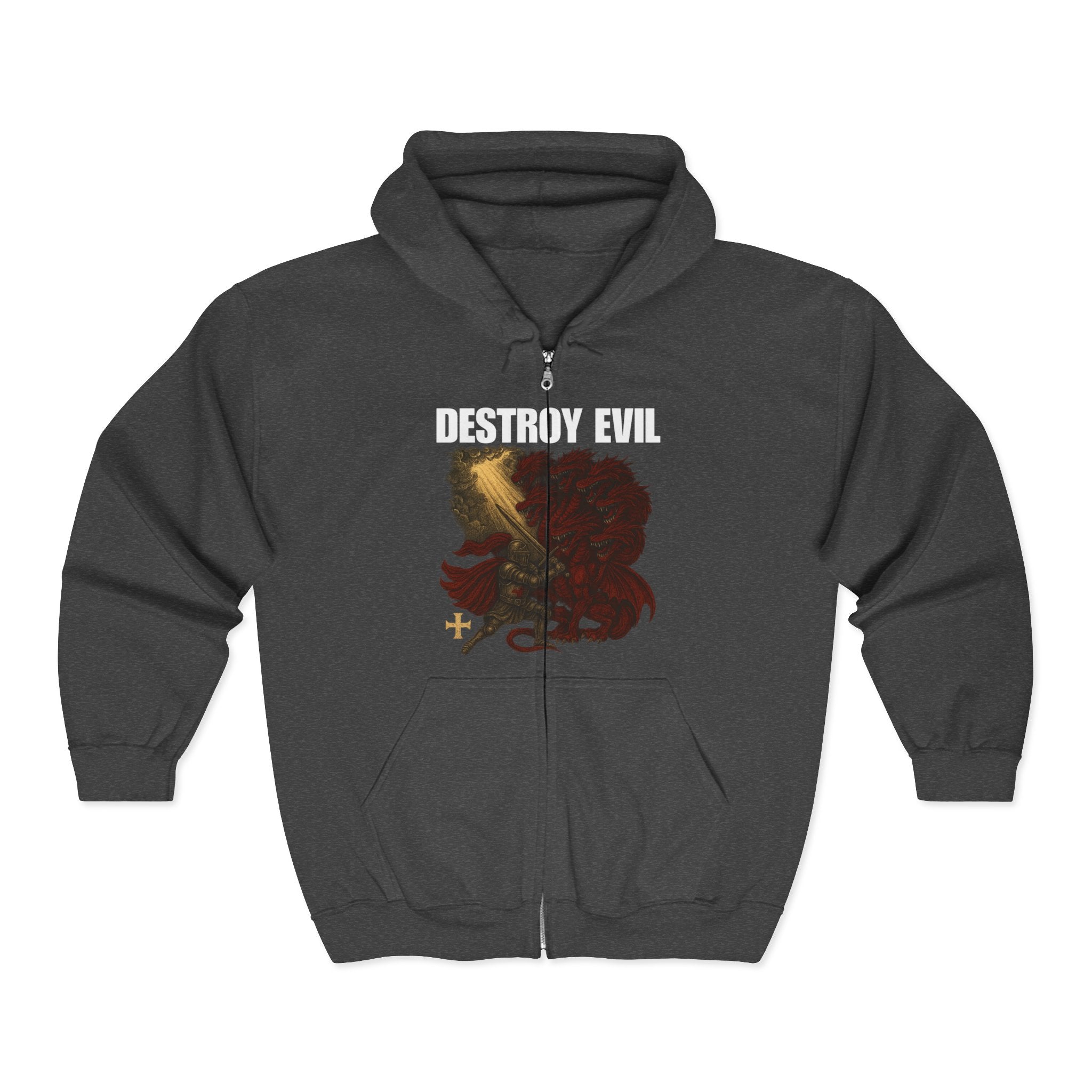 'Destroy Evil' Crusader Defeating the Great Red Dragon Design Graphic  Full Zip Up Hoodie Sweatshirt