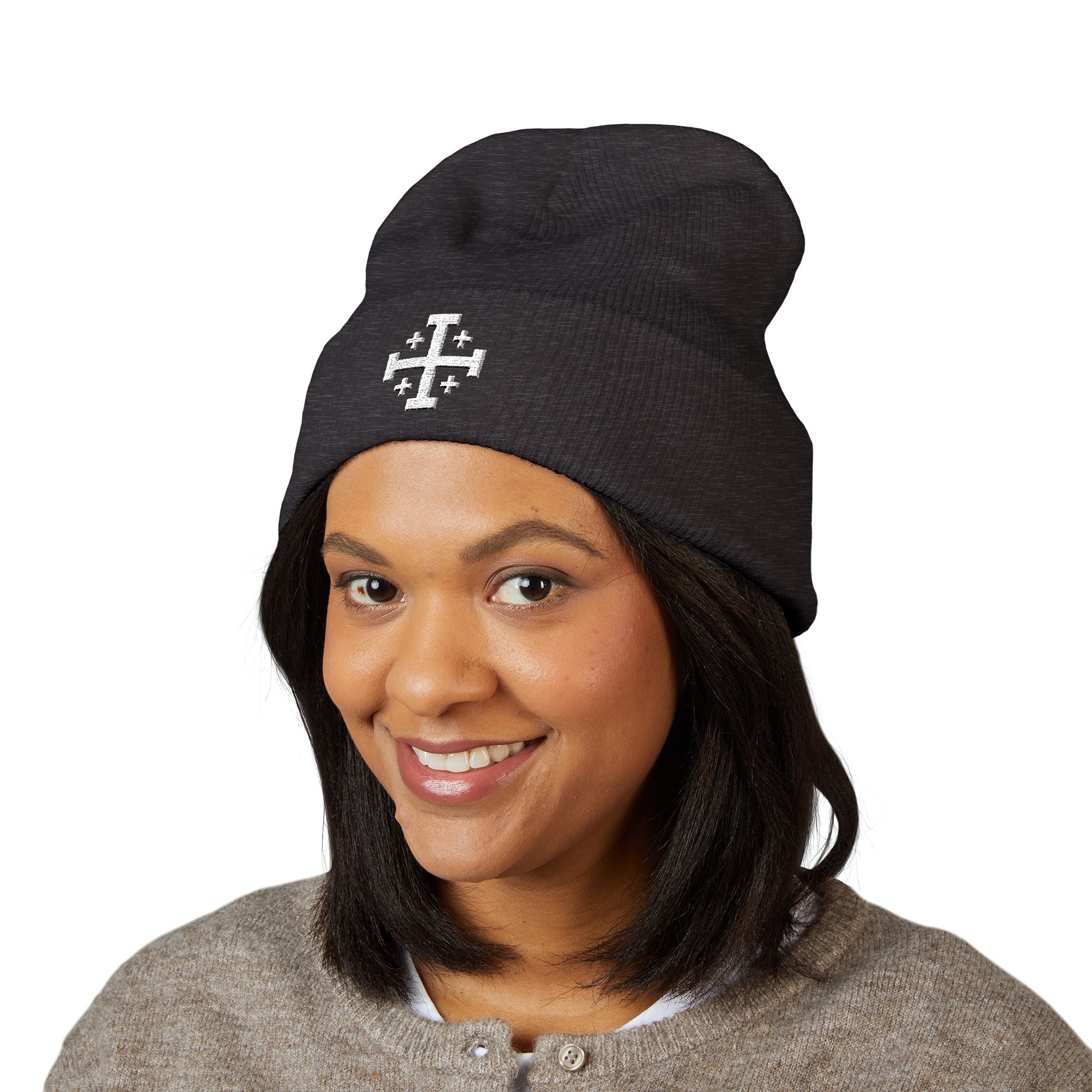 Cross of Jerusalem White Design Embroidered Cuffed Beanie Knit Hat