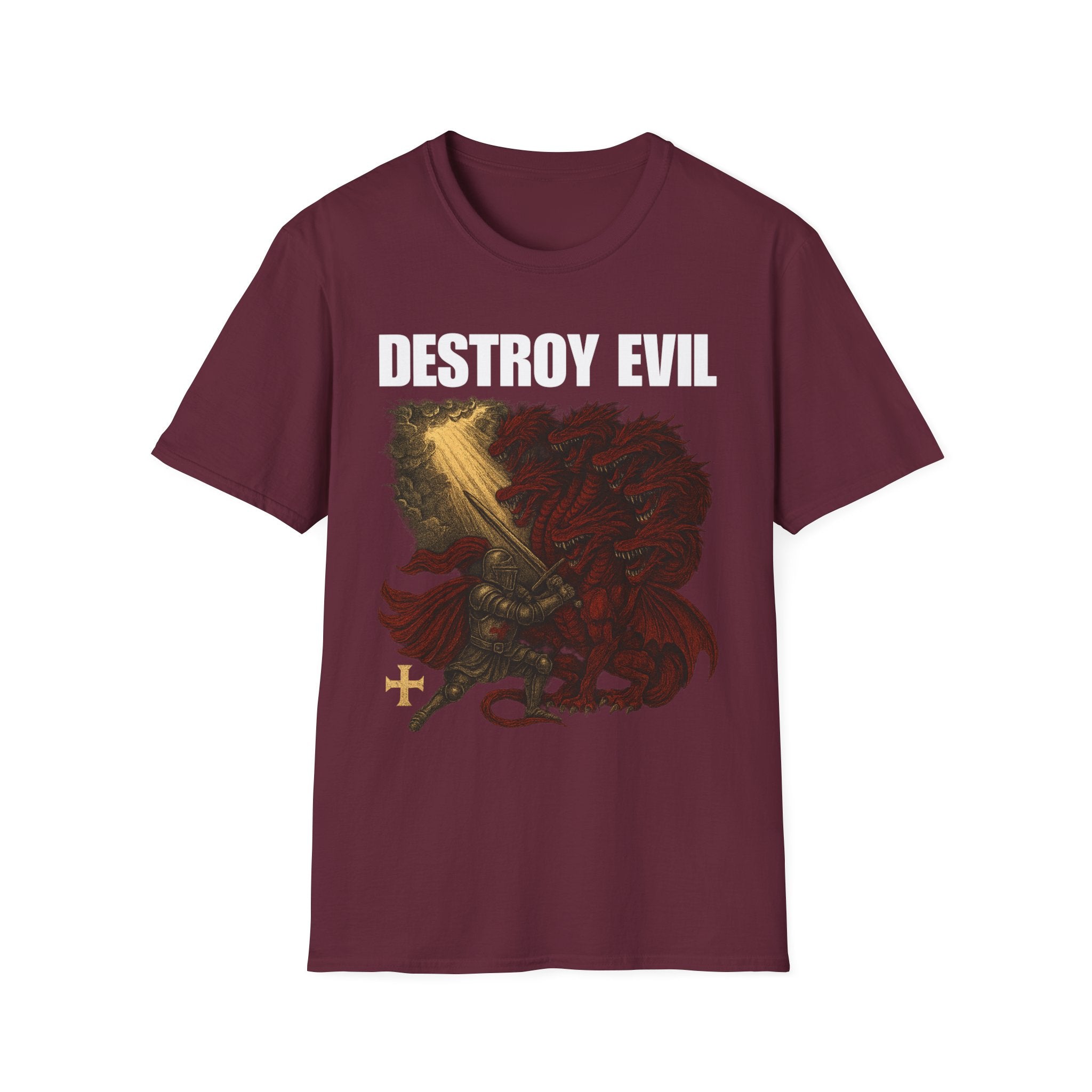 'Destroy Evil' Crusader Defeating the Great Red Dragon Design Graphic Softstyle T-Shirt