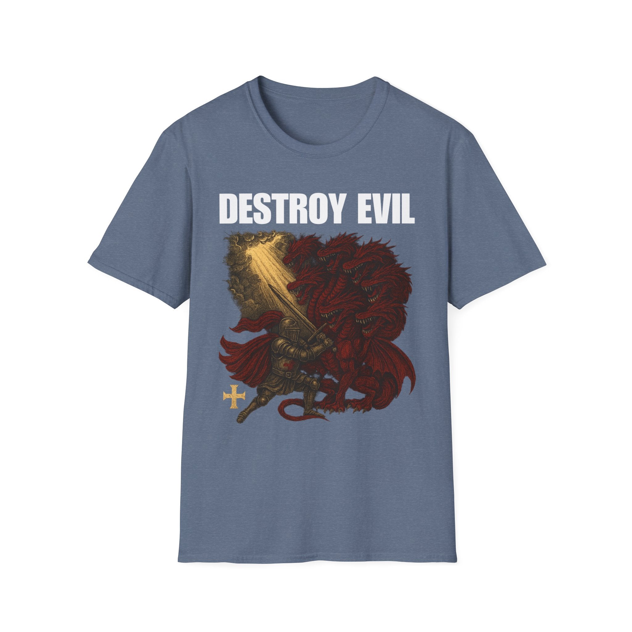 'Destroy Evil' Crusader Defeating the Great Red Dragon Design Graphic Softstyle T-Shirt