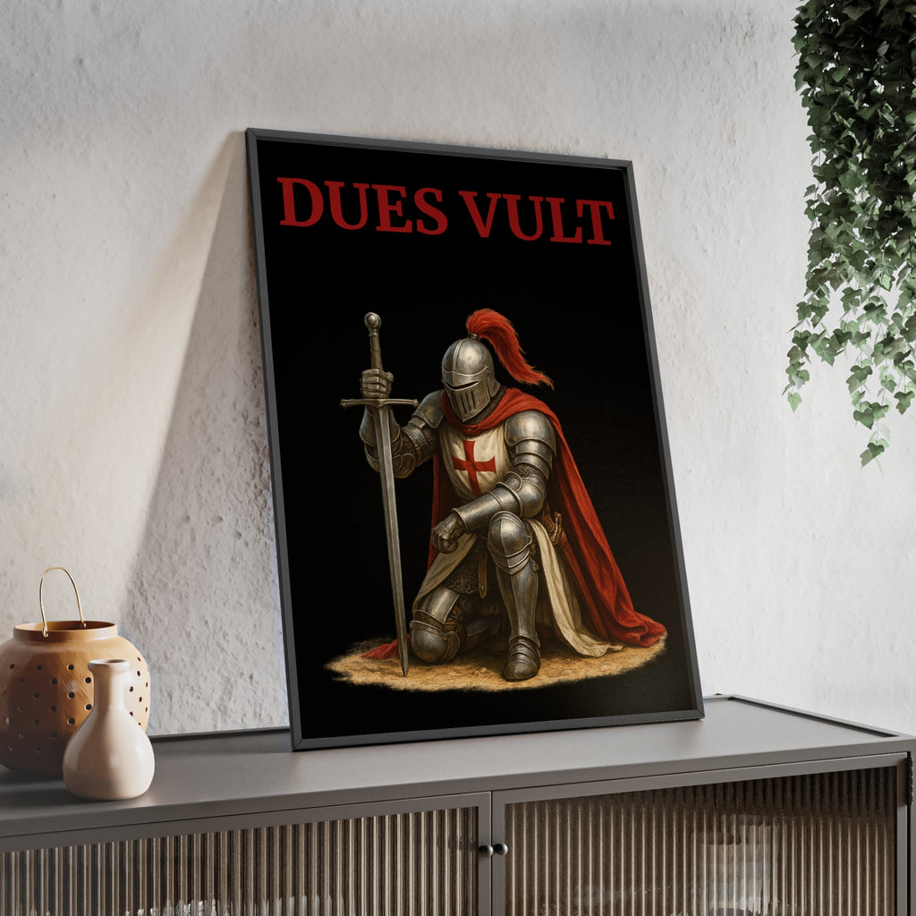 Crusader Knight Themed Dues Vult Poster with Wooden Frame