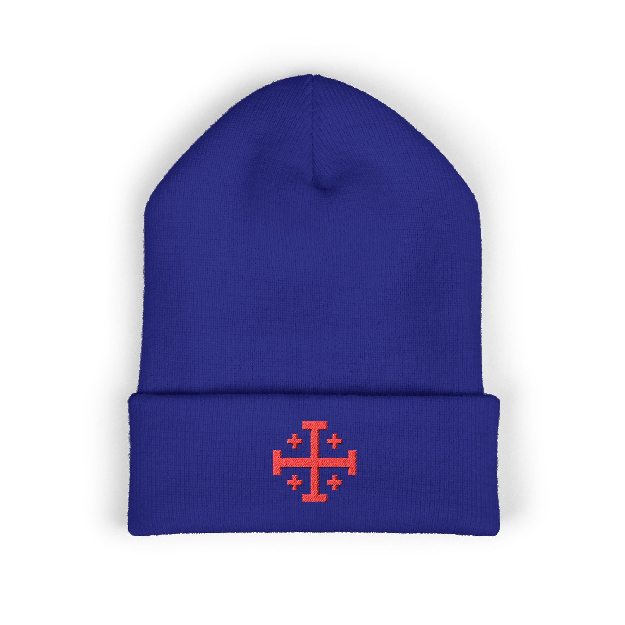 Cross of Jerusalem Red Design Embroidered Cuffed Beanie Knit Hat
