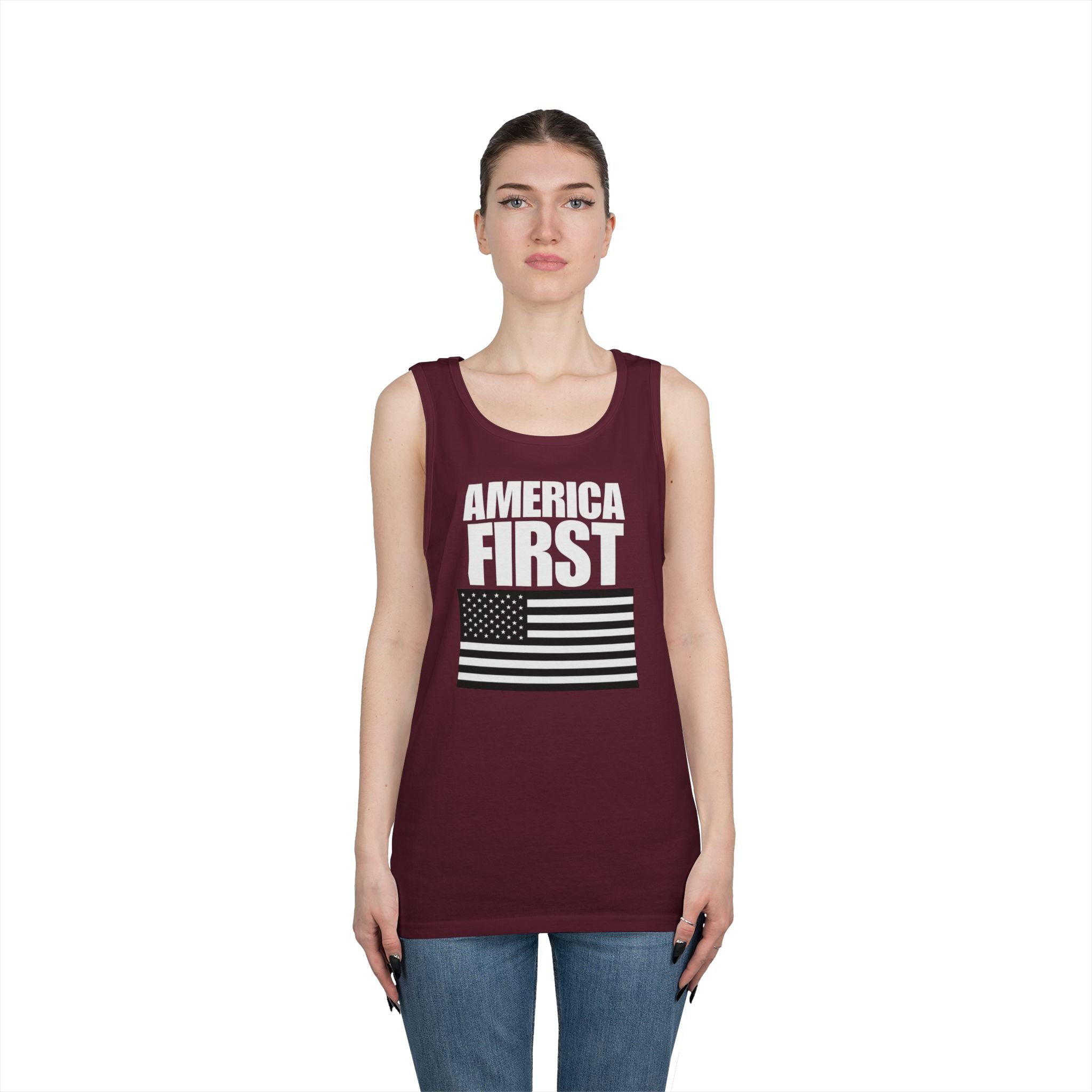 America First Black and White American Flag Heavy Cotton Tank Top