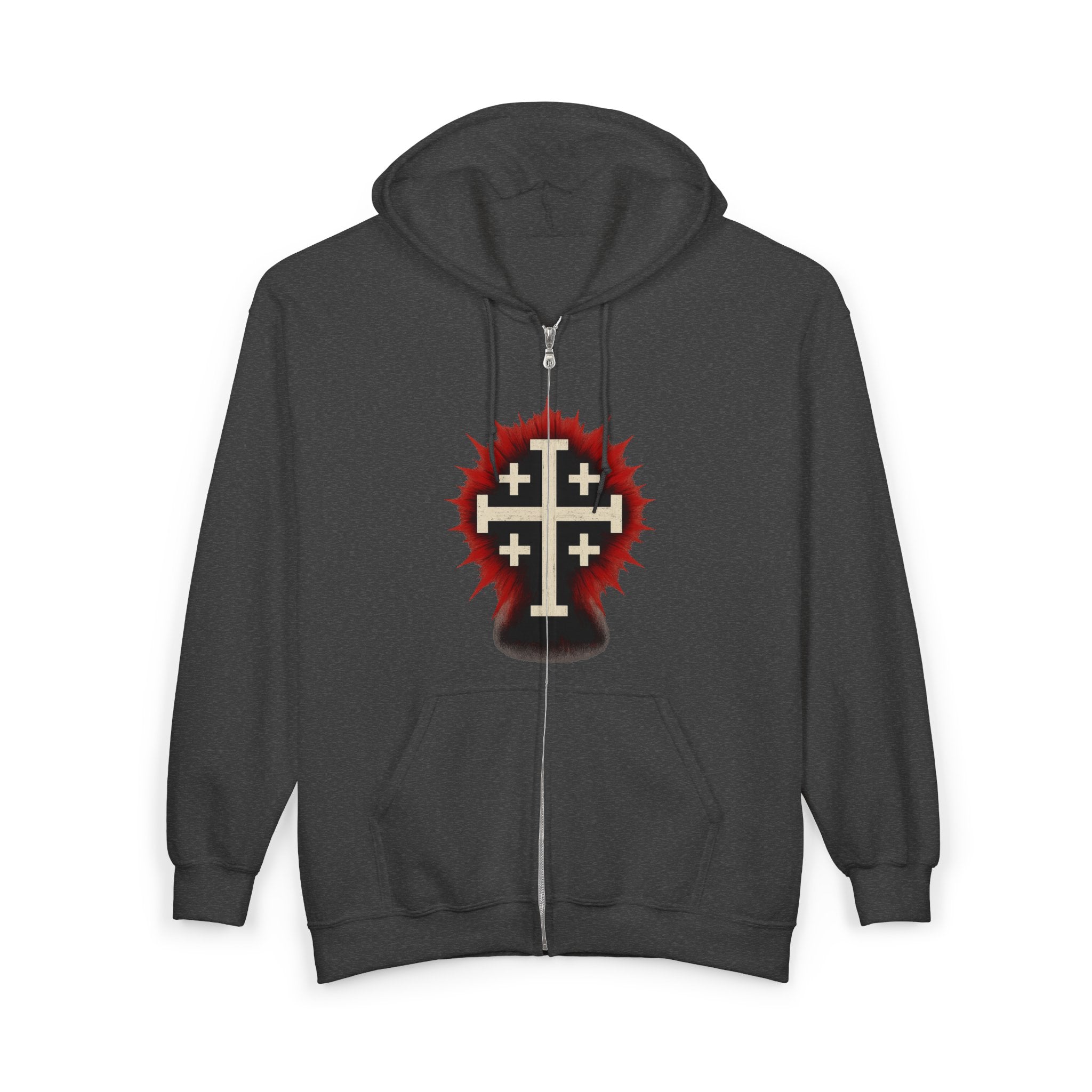 Crucifix Zip-Up Hoodie, Cross of Jerusalem Zip-Up Sweatshirt