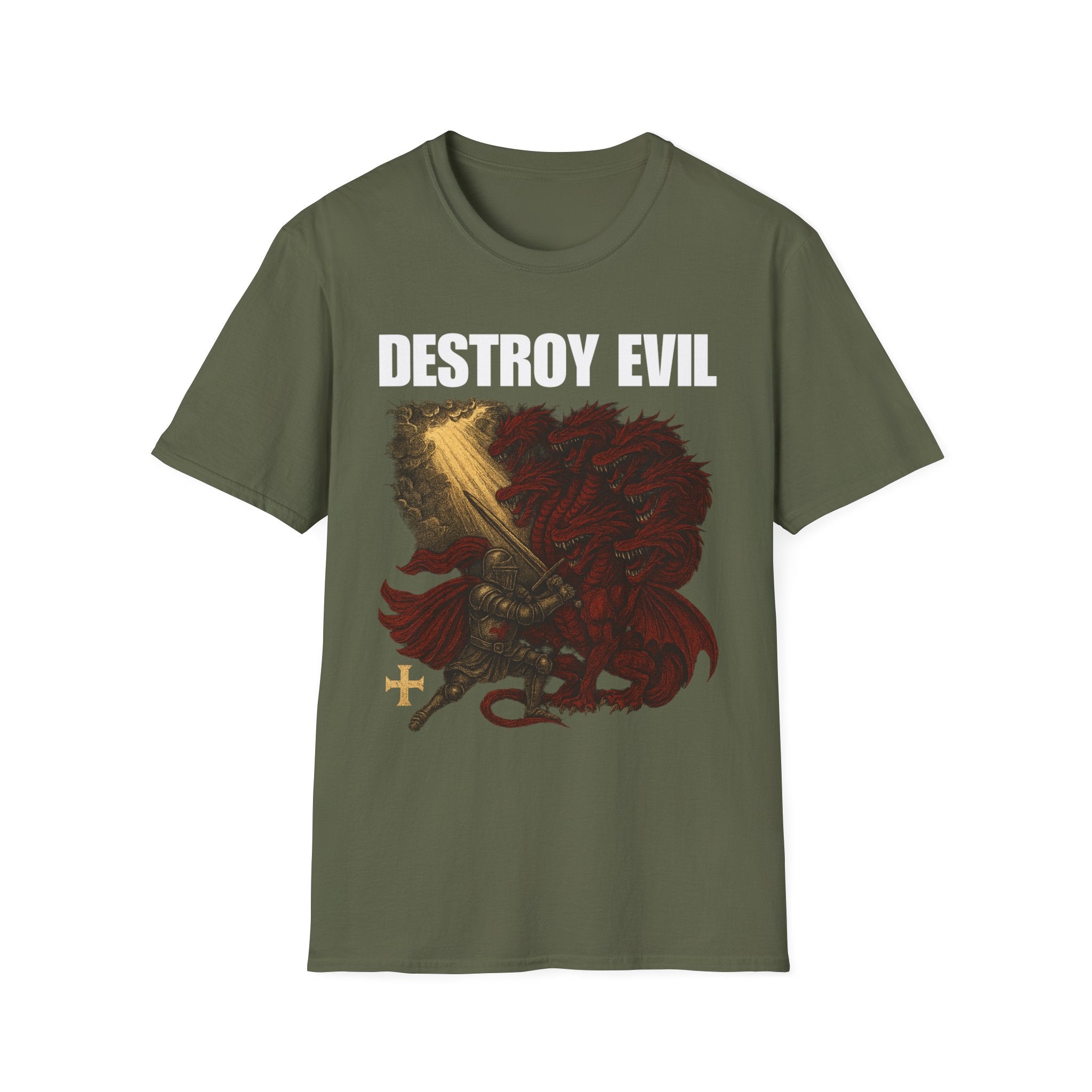 'Destroy Evil' Crusader Defeating the Great Red Dragon Design Graphic Softstyle T-Shirt