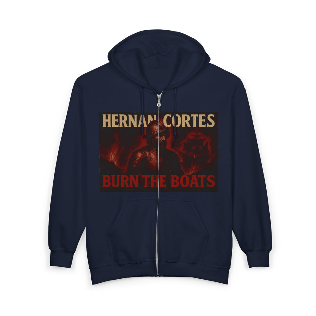 Hernan Cortes 'Burn Boats' Unisex Zip Hoodie Armor Design