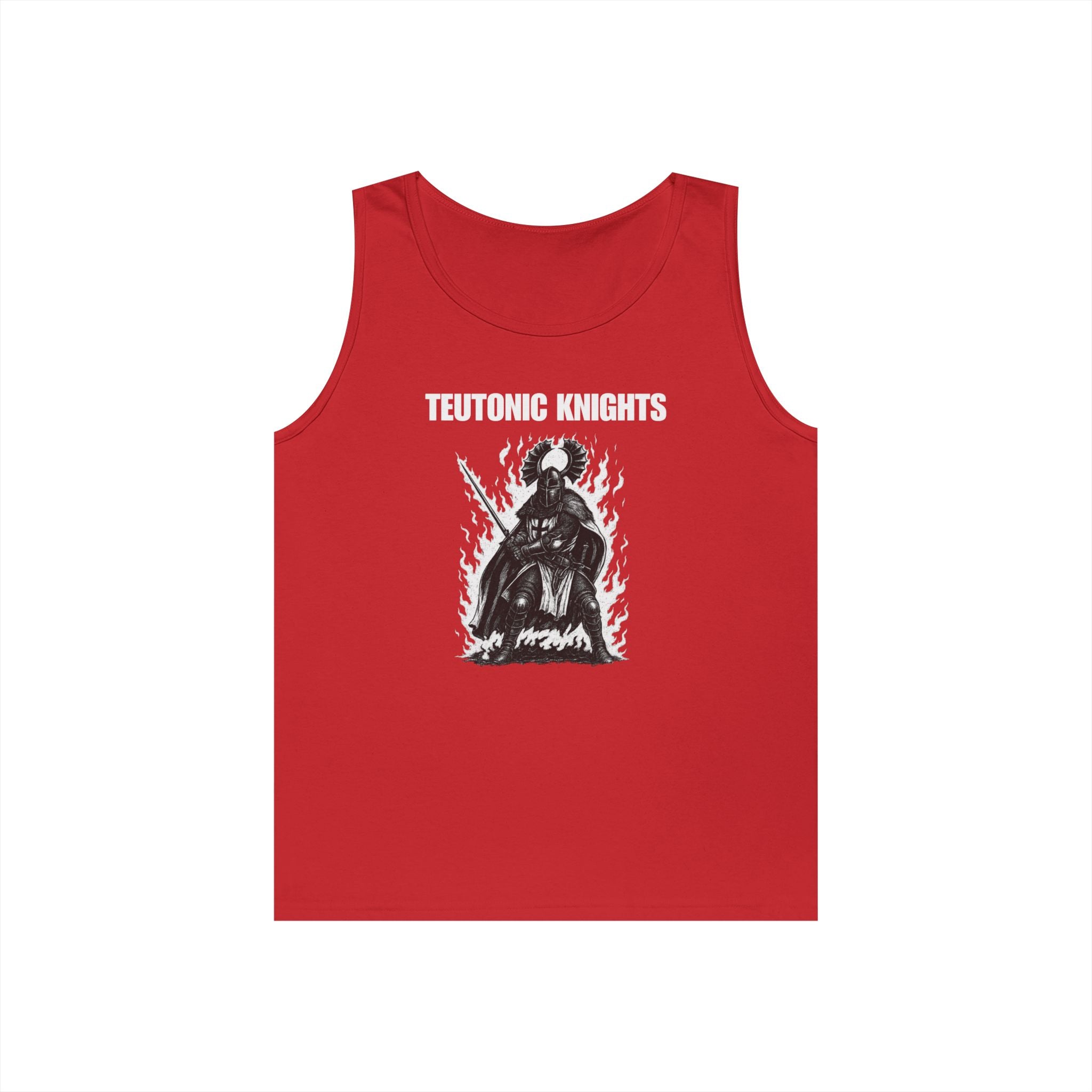 Teutonic Knights Front and Back White Teutonic Cross Graphic Heavy Cotton Tank Top
