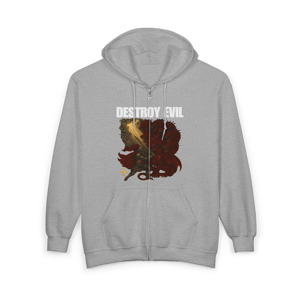 'Destroy Evil' Crusader Defeating the Great Red Dragon Design Graphic  Full Zip Up Hoodie Sweatshirt