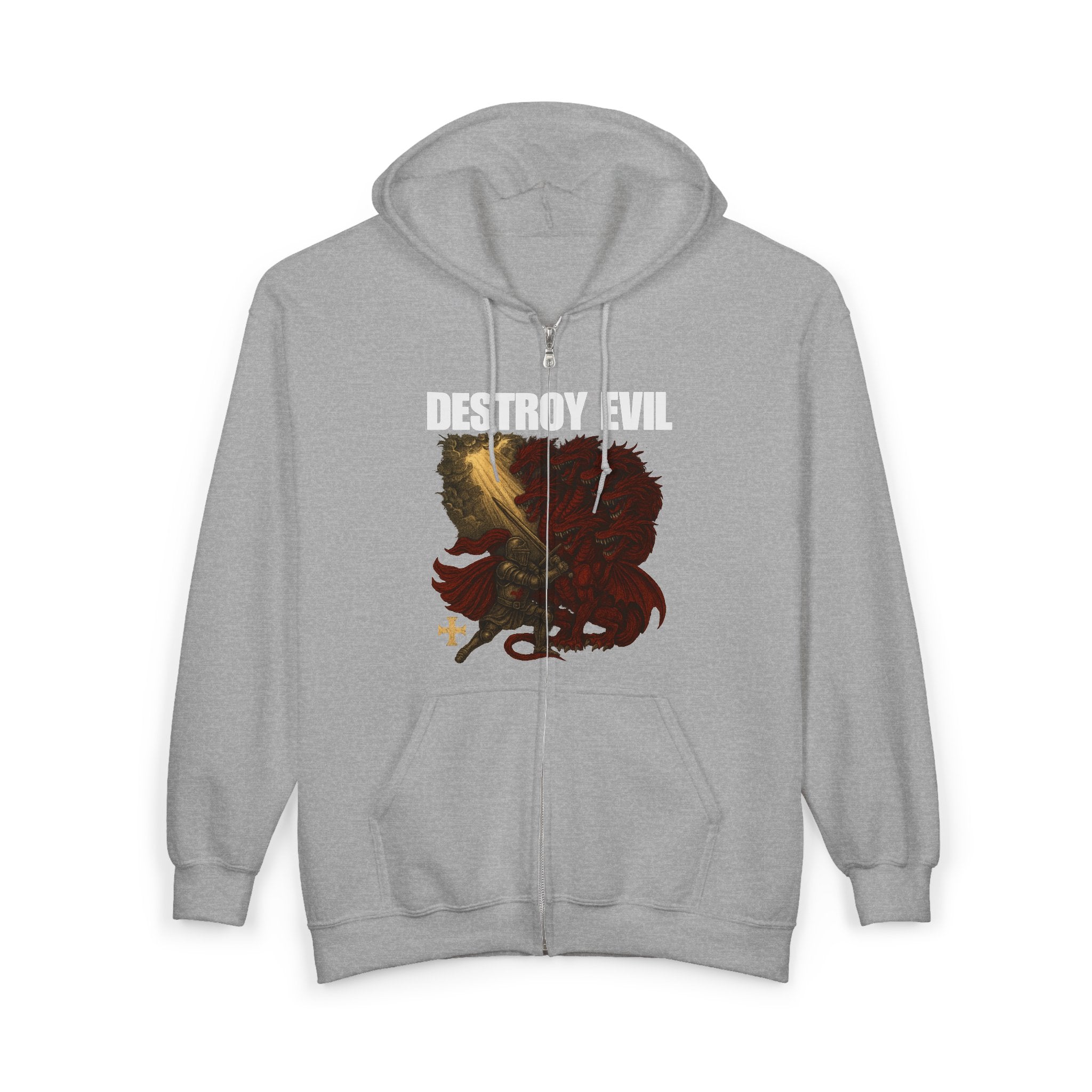 'Destroy Evil' Crusader Defeating the Great Red Dragon Design Graphic  Full Zip Up Hoodie Sweatshirt