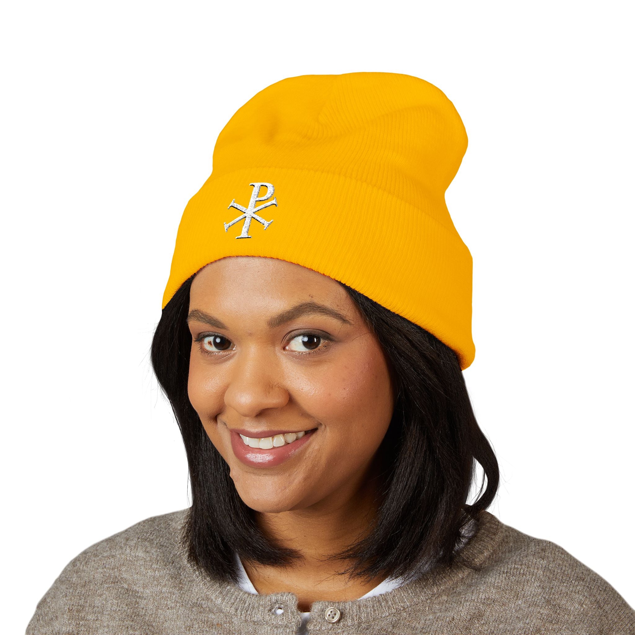 Pi Chi Rho White Design Embroidered Cuffed Beanie Knit Hat