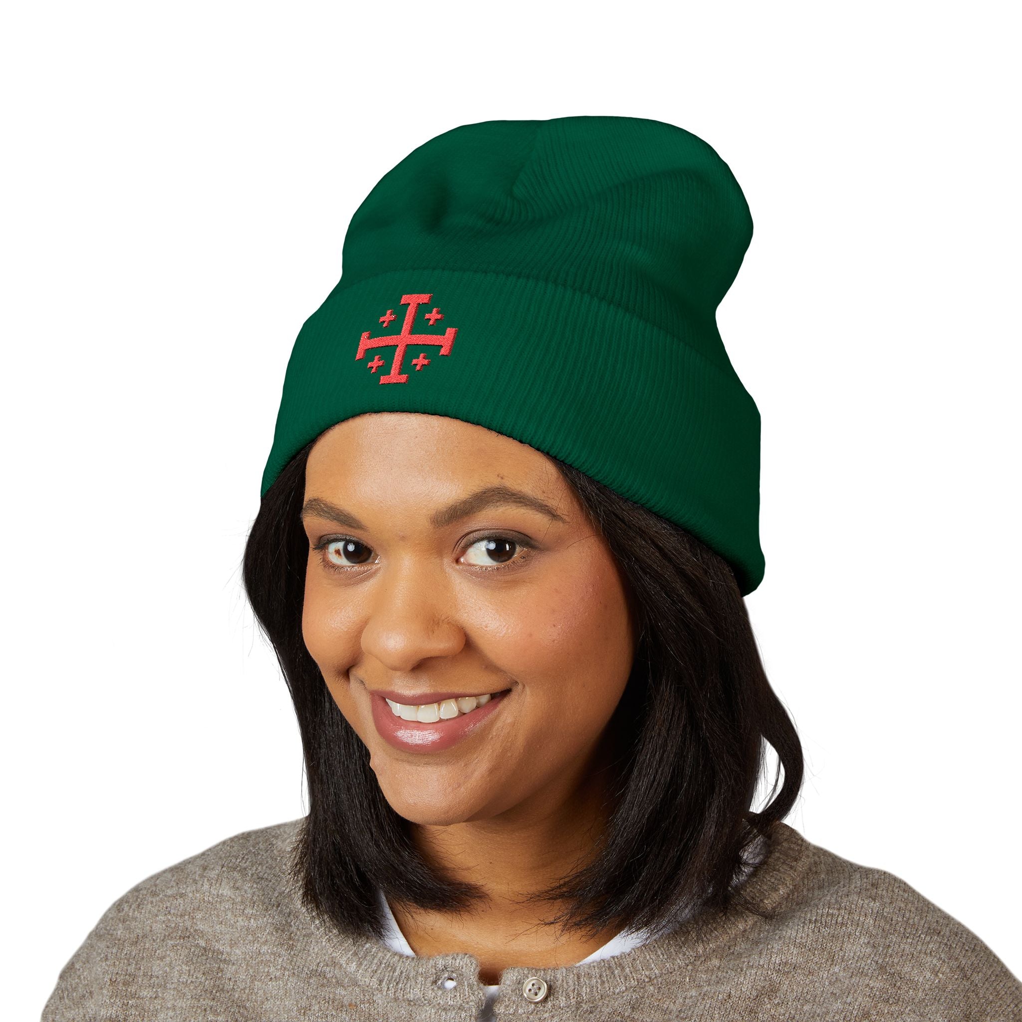 Cross of Jerusalem Red Design Embroidered Cuffed Beanie Knit Hat