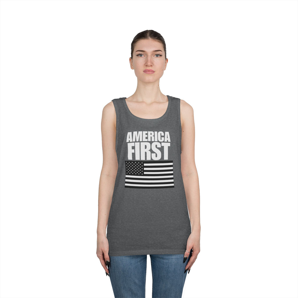 America First Black and White American Flag Heavy Cotton Tank Top