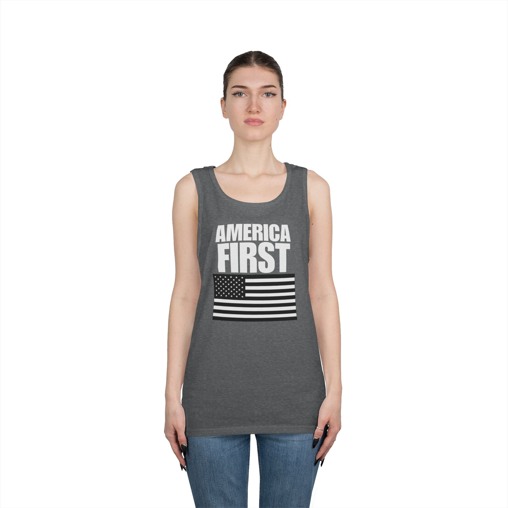 America First Black and White American Flag Heavy Cotton Tank Top