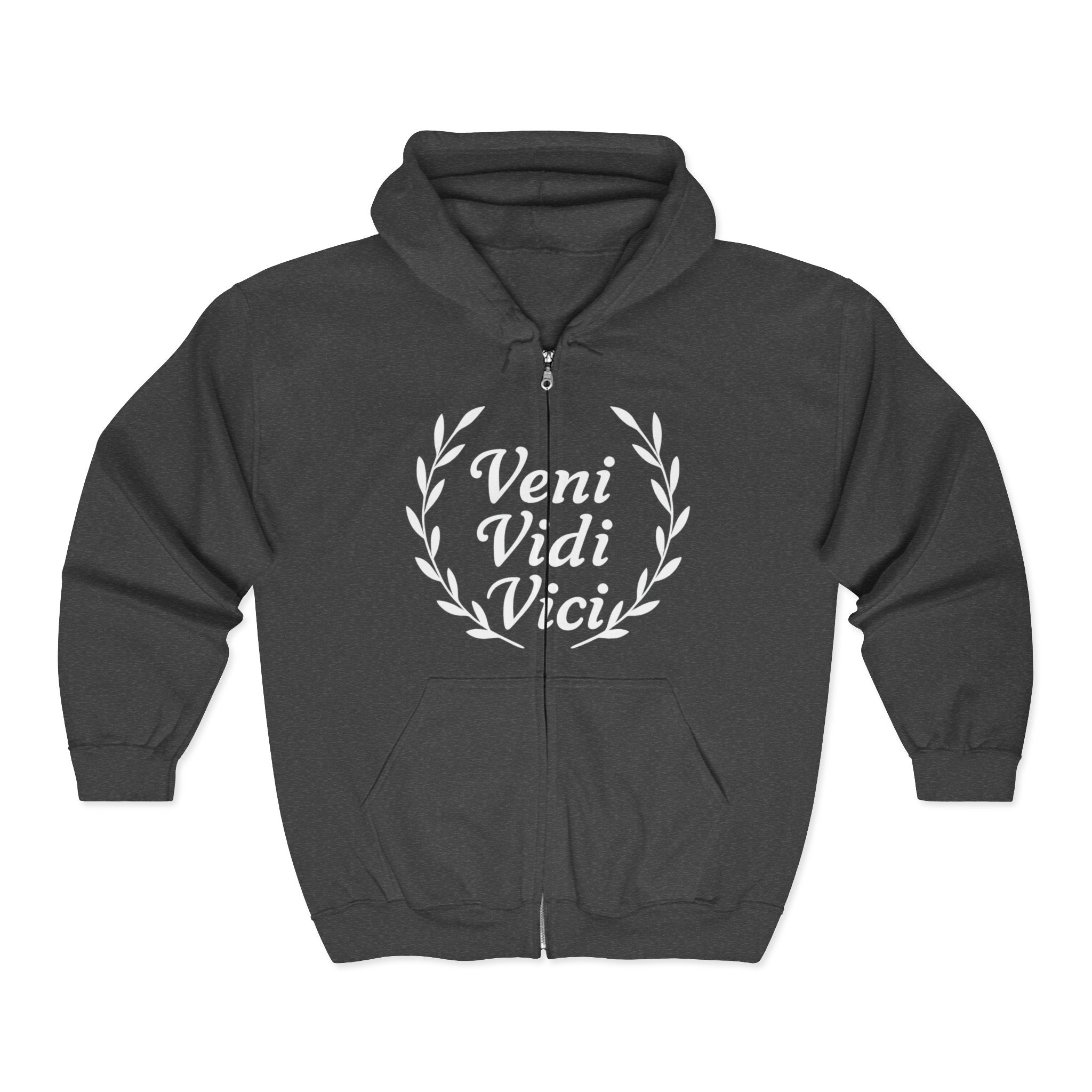 Veni Vidi Vici, "I Came, I Saw, I Conquered" White Text  Unisex Zip Up Hoodie Sweatshirt