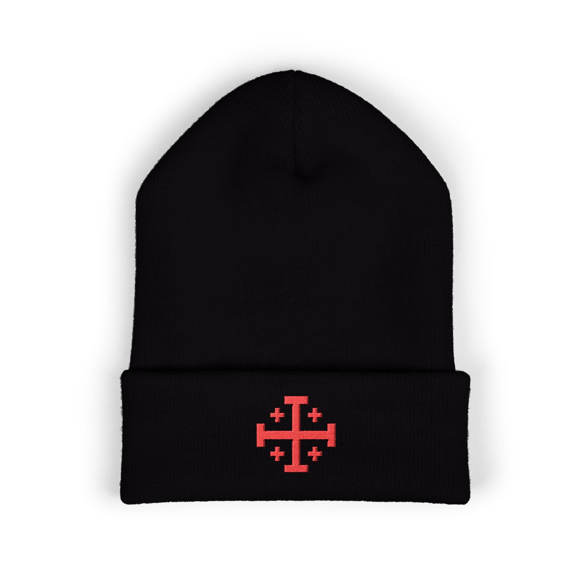 Cross of Jerusalem Red Design Embroidered Cuffed Beanie Knit Hat