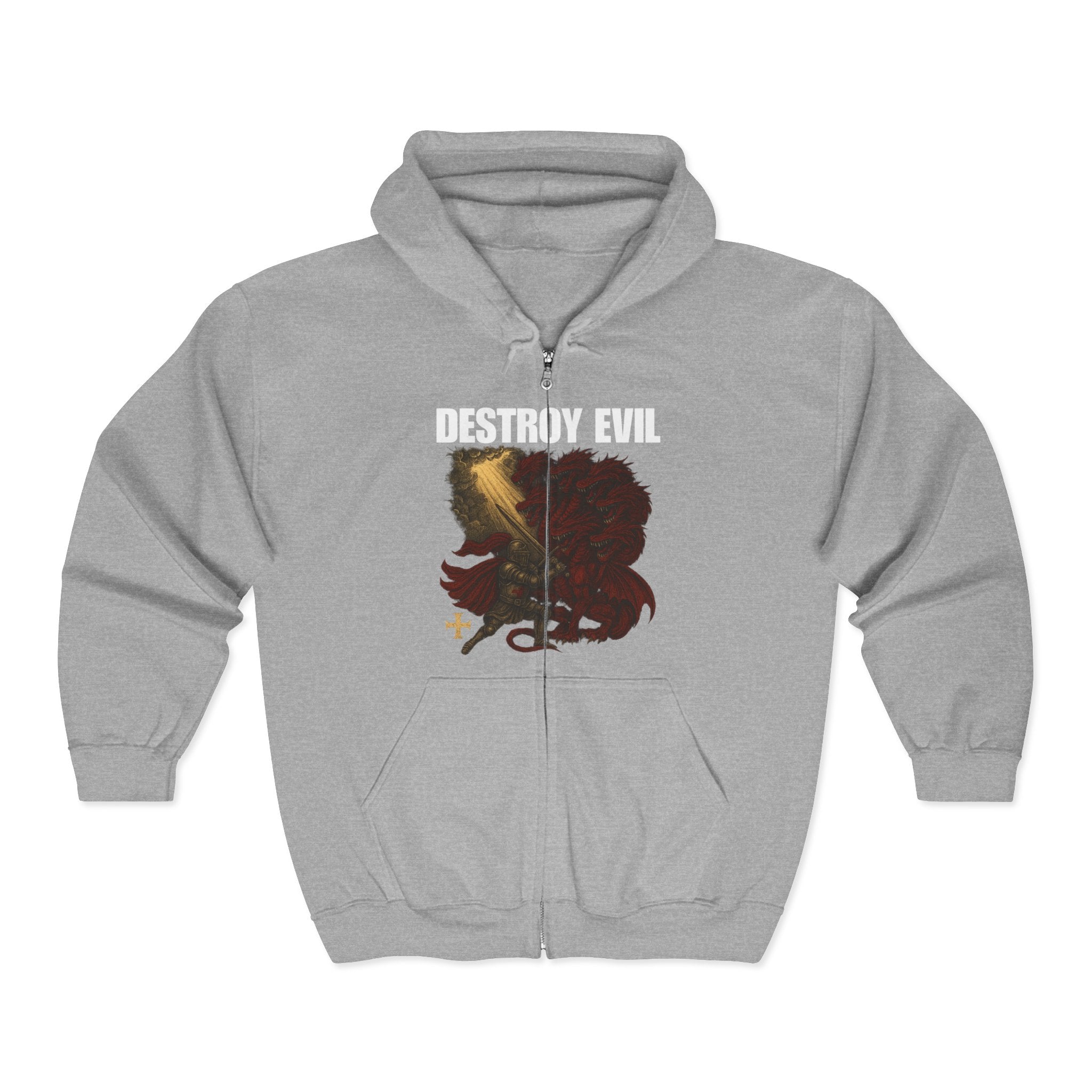 'Destroy Evil' Crusader Defeating the Great Red Dragon Design Graphic  Full Zip Up Hoodie Sweatshirt