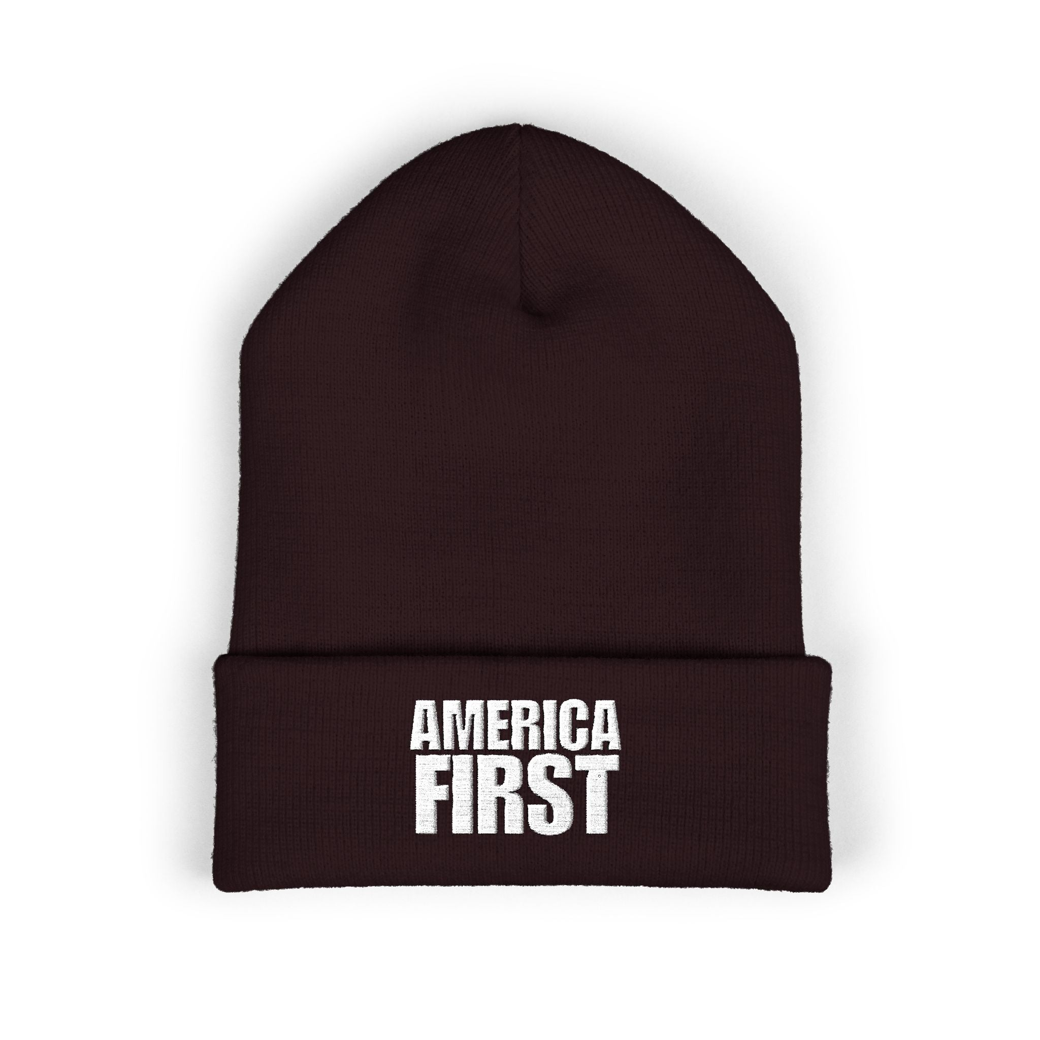 America First White Design Embroidered Cuffed Beanie Knit Hat