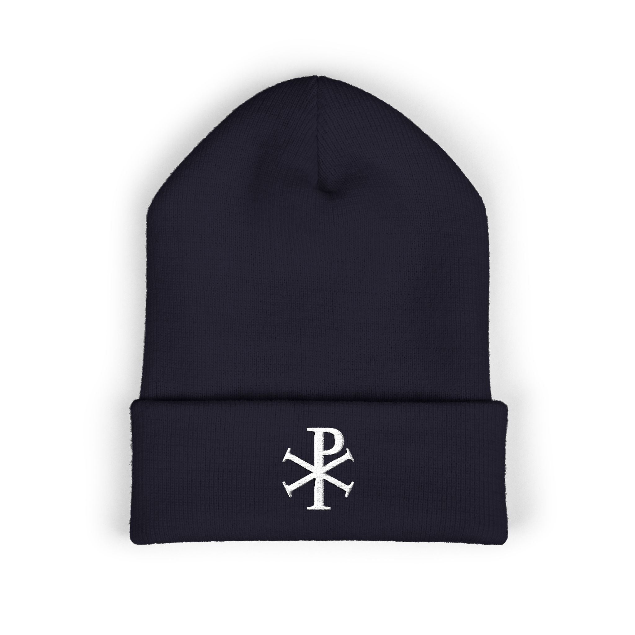 Pi Chi Rho White Design Embroidered Cuffed Beanie Knit Hat