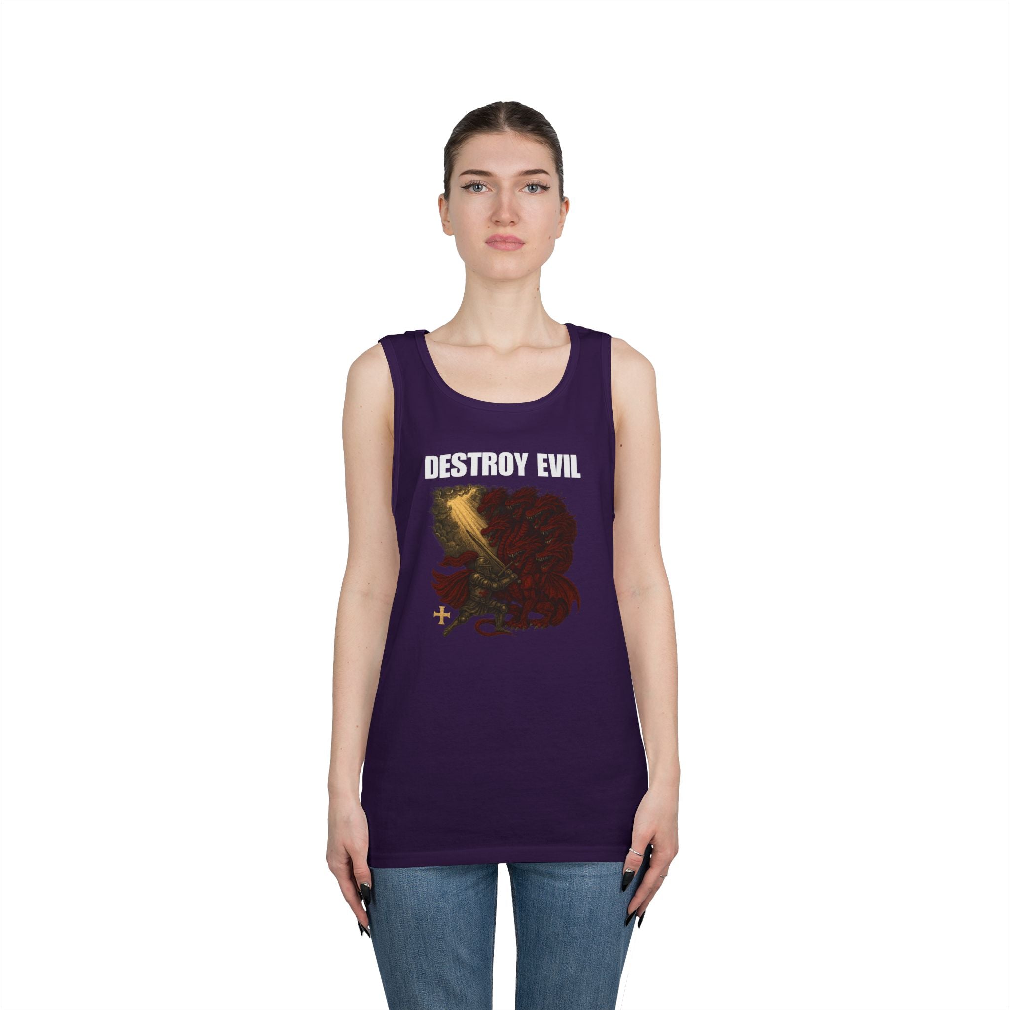 Heavy Cotton Tank Top with 'Destroy Evil' Crusader Defeating the Great Red Dragon Design
