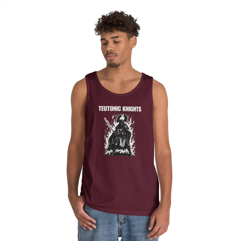 Teutonic Knights Front and Back White Teutonic Cross Graphic Heavy Cotton Tank Top