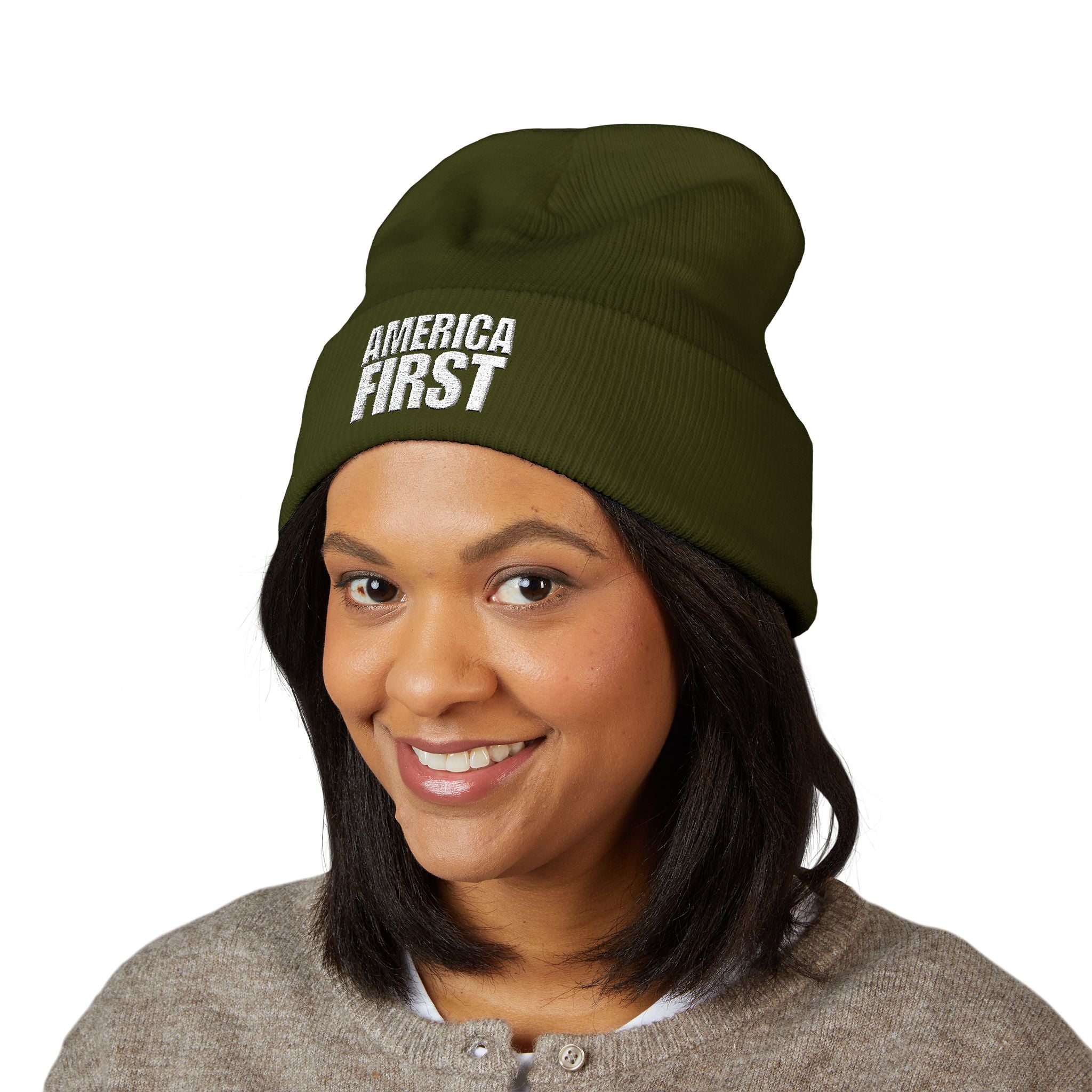 America First White Design Embroidered Cuffed Beanie Knit Hat
